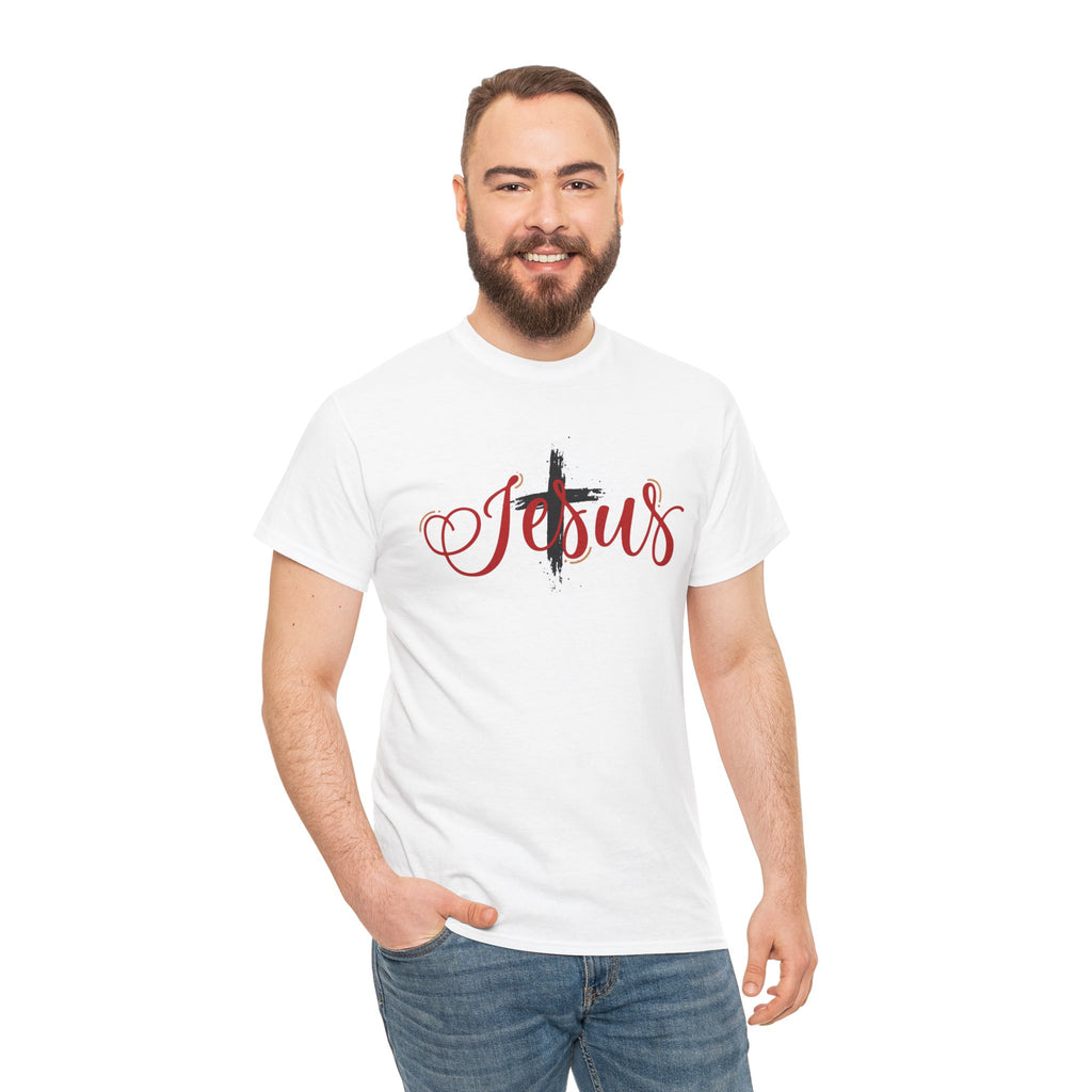 Jesus Cross T-Shirt — Red Brushstroke Faith Tee with Scripture Back (John 14:6)