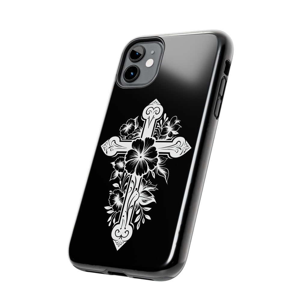 Floral Cross Tough Phone Case — Black Protective Christian Phone Cover