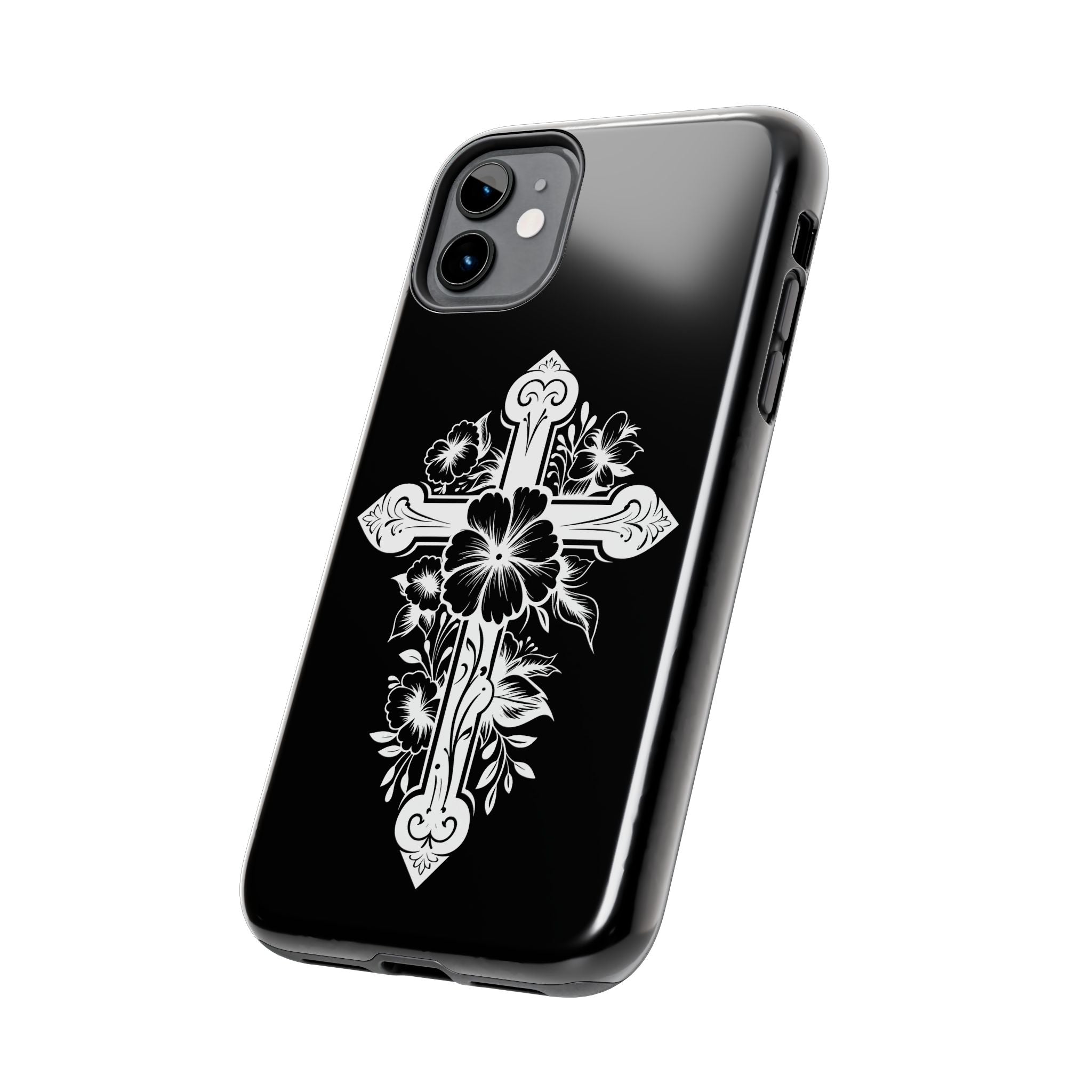 Floral Cross Tough Phone Case — Black Protective Christian Phone Cover