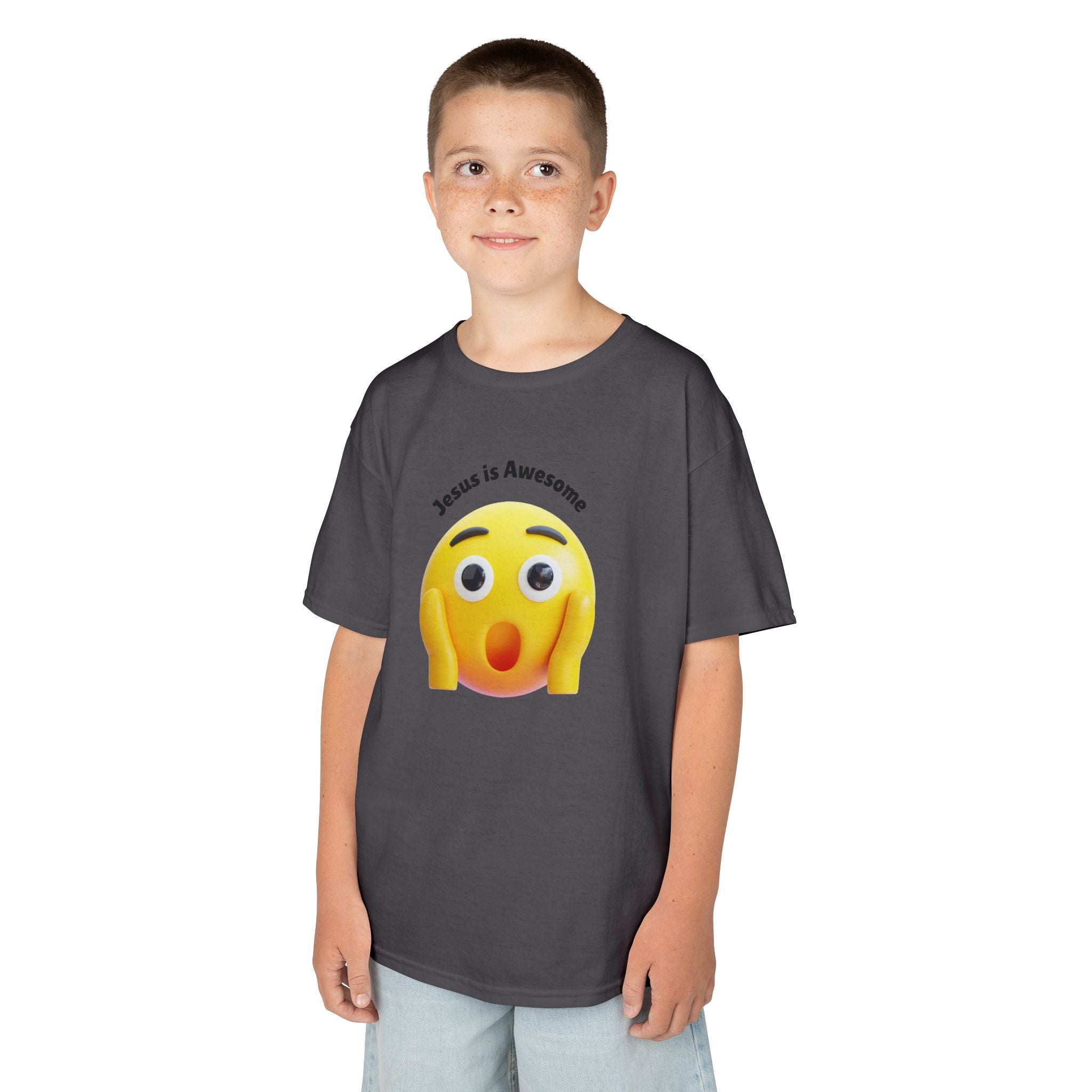 Kids T-Shirt — "Jesus Is Awesome" Surprised Emoji Graphic