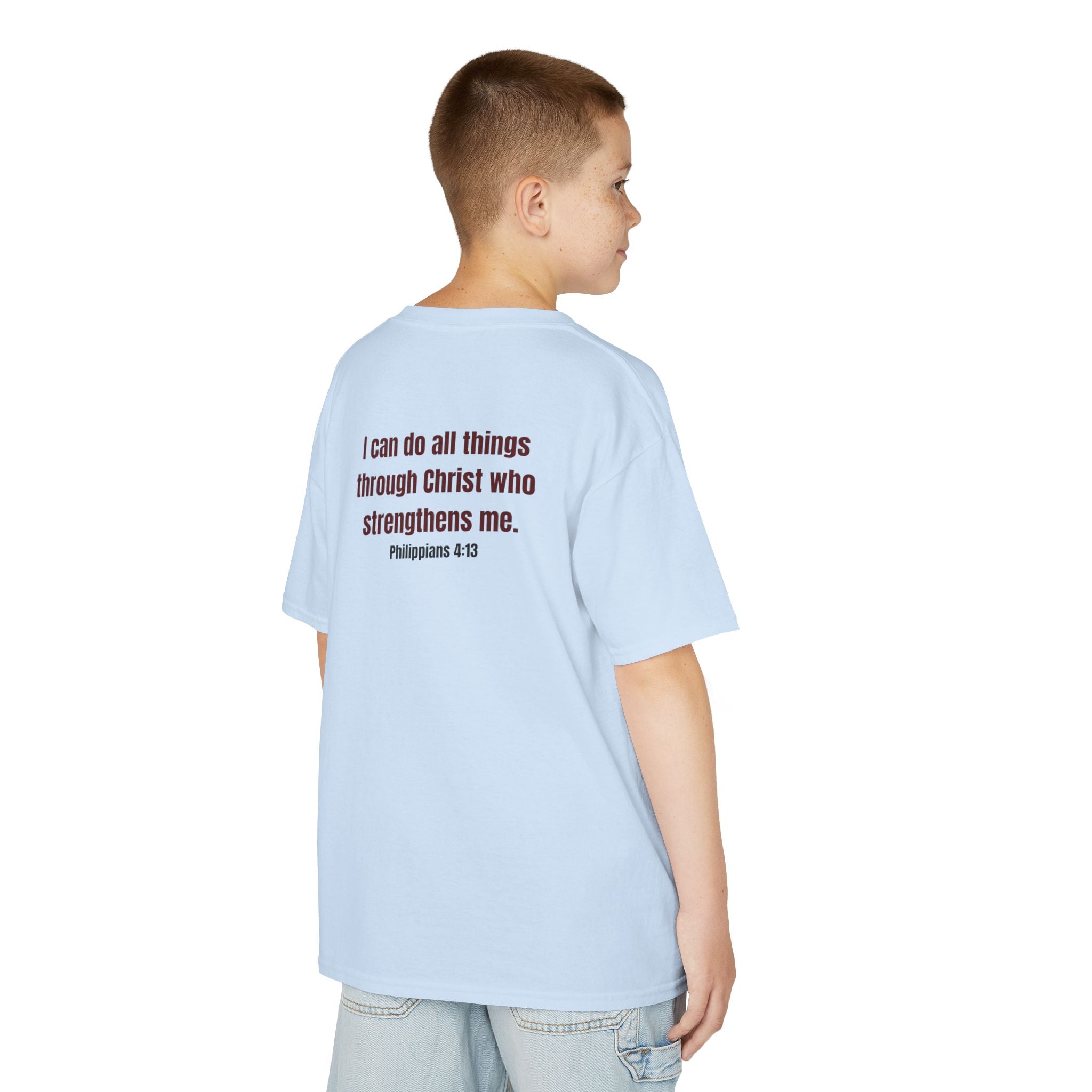 Kids Tee — "Strong" Muscle Graphic with Philippians 4:13 Back (Christian Inspirational)