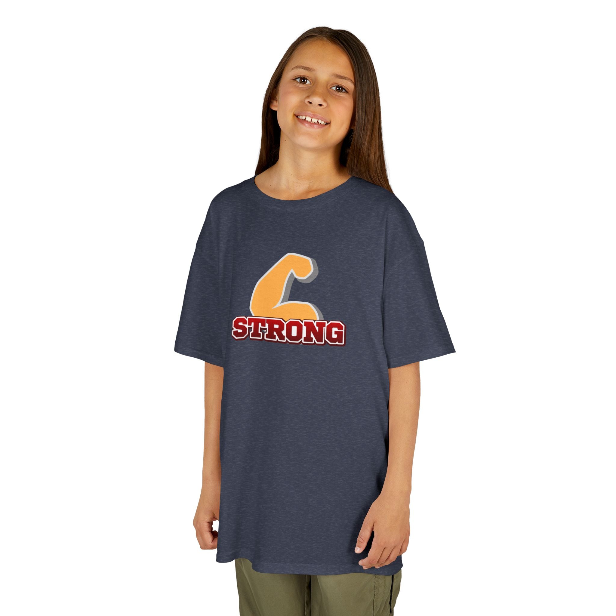 Kids Tee — "Strong" Muscle Graphic with Philippians 4:13 Back (Christian Inspirational)