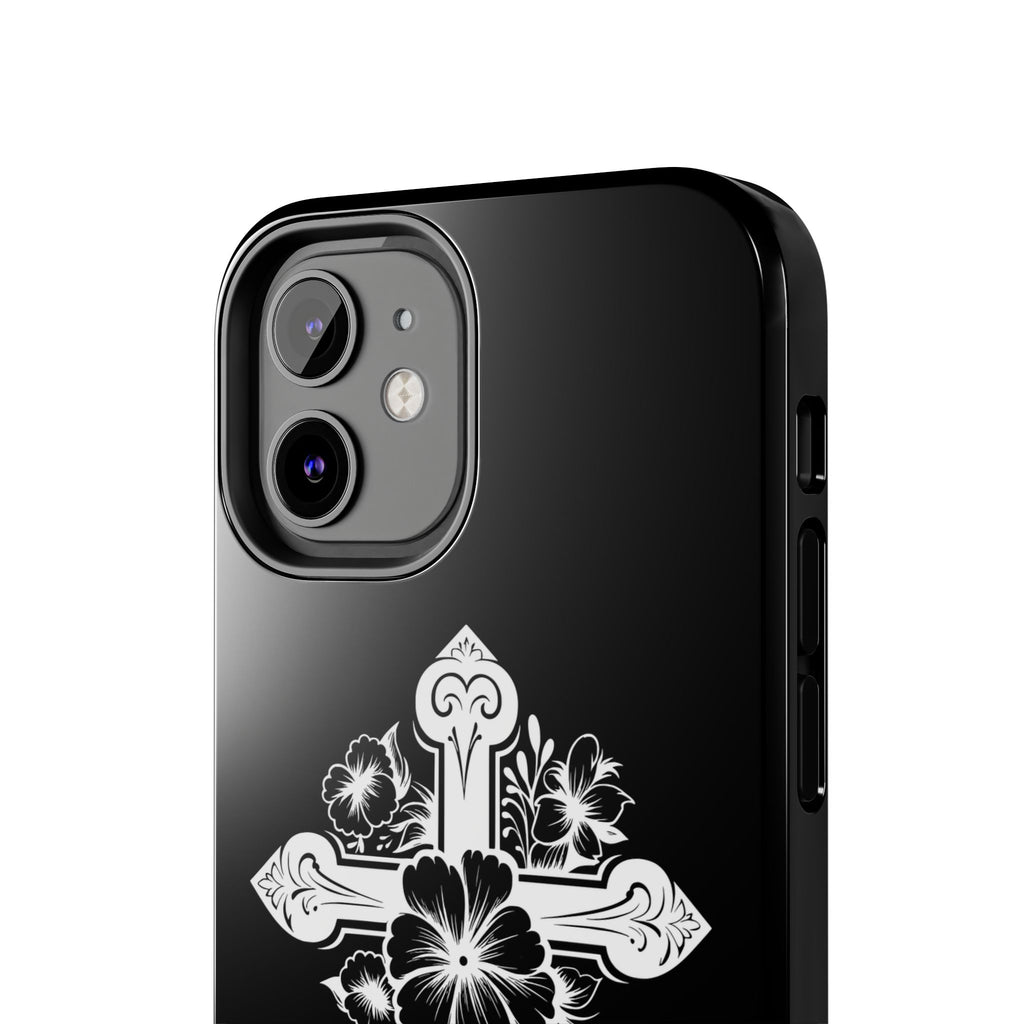 Floral Cross Tough Phone Case — Black Protective Christian Phone Cover