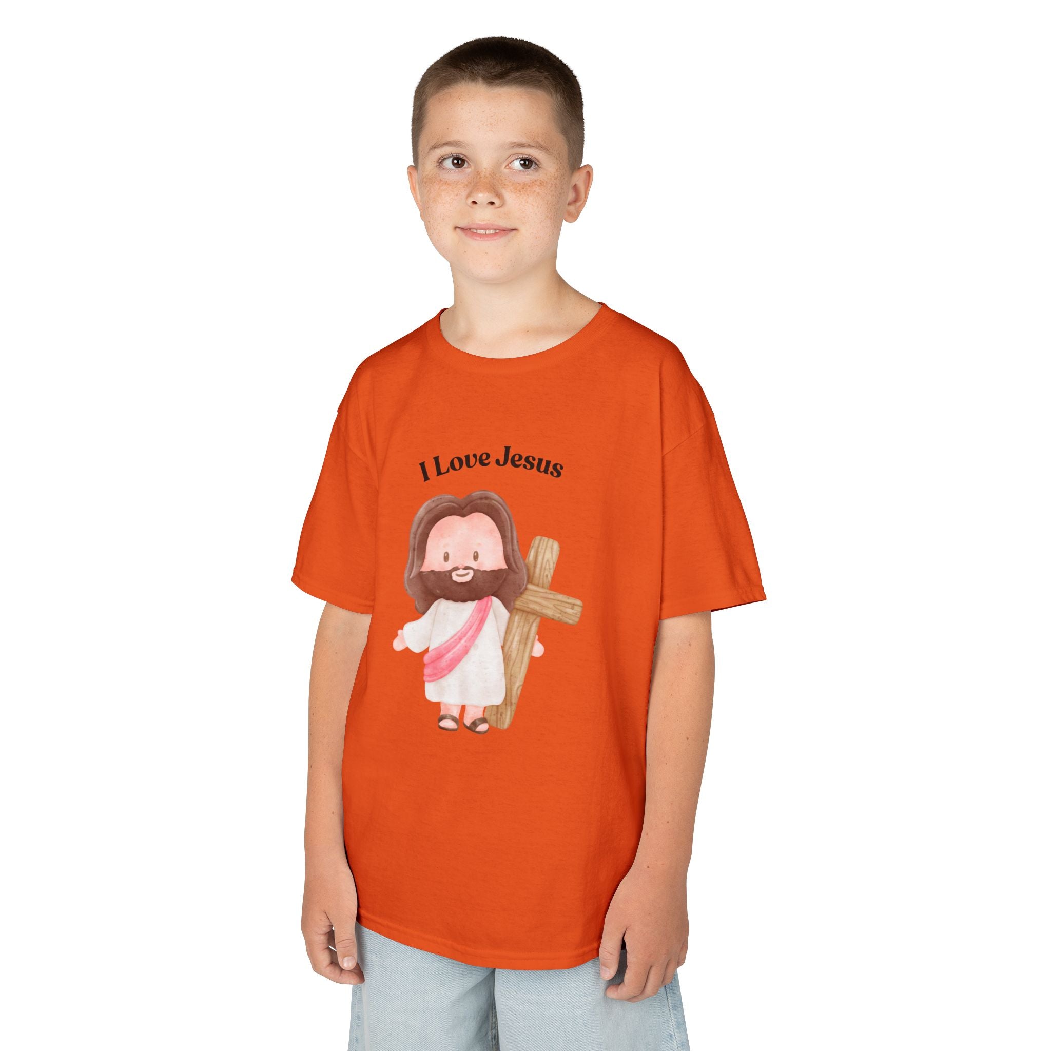 Kids T-Shirt — Cute "I Love Jesus" Cartoon Jesus Holding Cross — Christian Easter Gift for Children