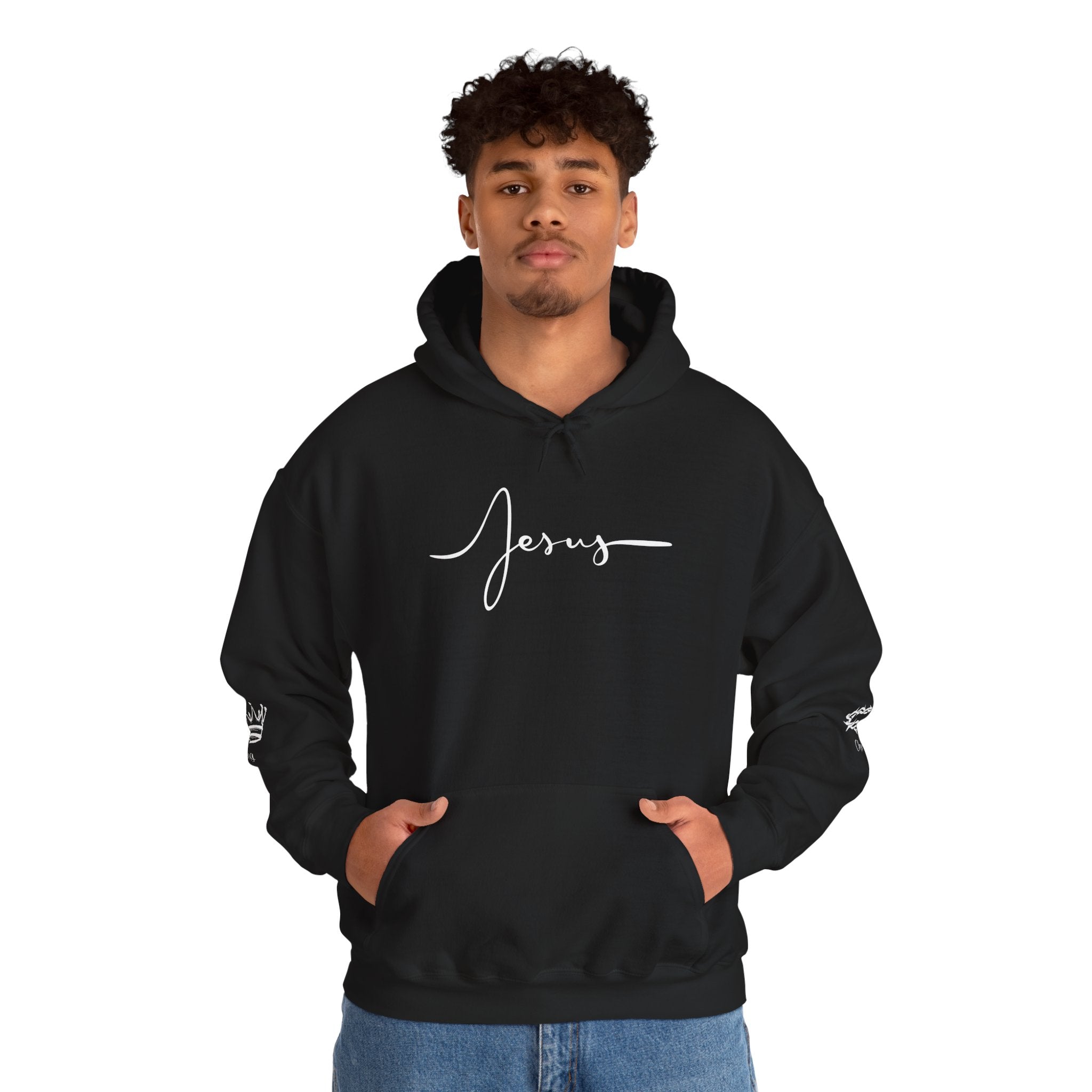 Jesus Script Hoodie — Faith Cross Design with Crown & Crown of Thorns