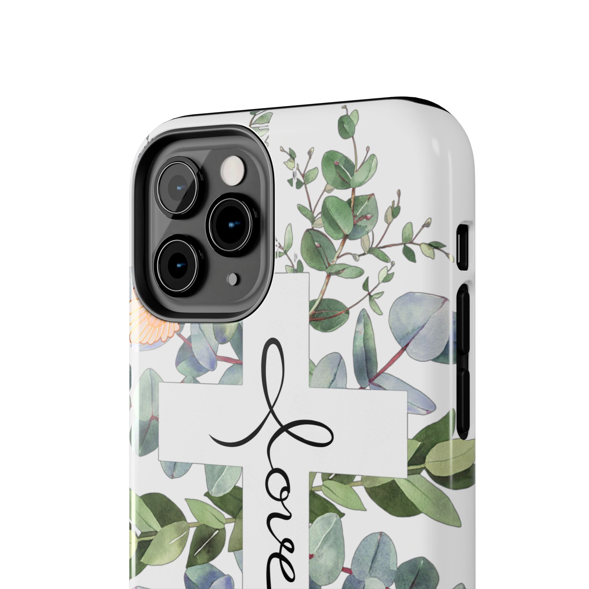 Religious Cross Tough Phone Case — Eucalyptus Floral "Love" Design
