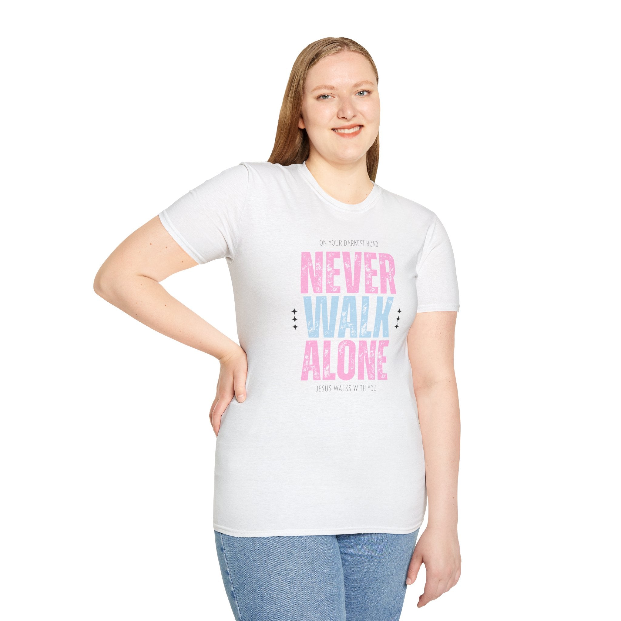 Never Walk Alone Jesus Walks With You T-Shirt — Pastel Pink & Blue Inspirational Tee