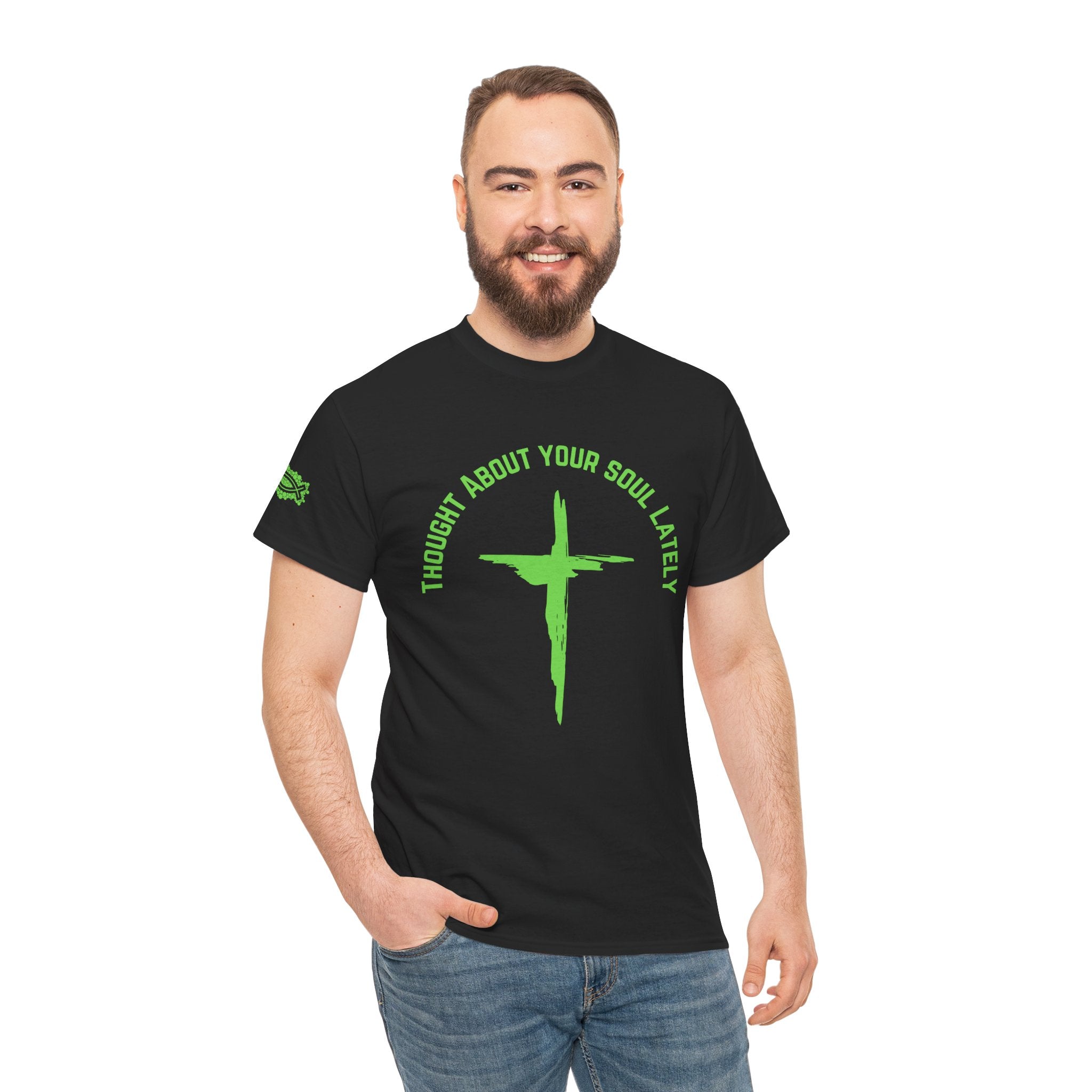 “Thought About Your Soul Lately” Cross Tee — Neon Green Spiritual Graphic T-Shirt