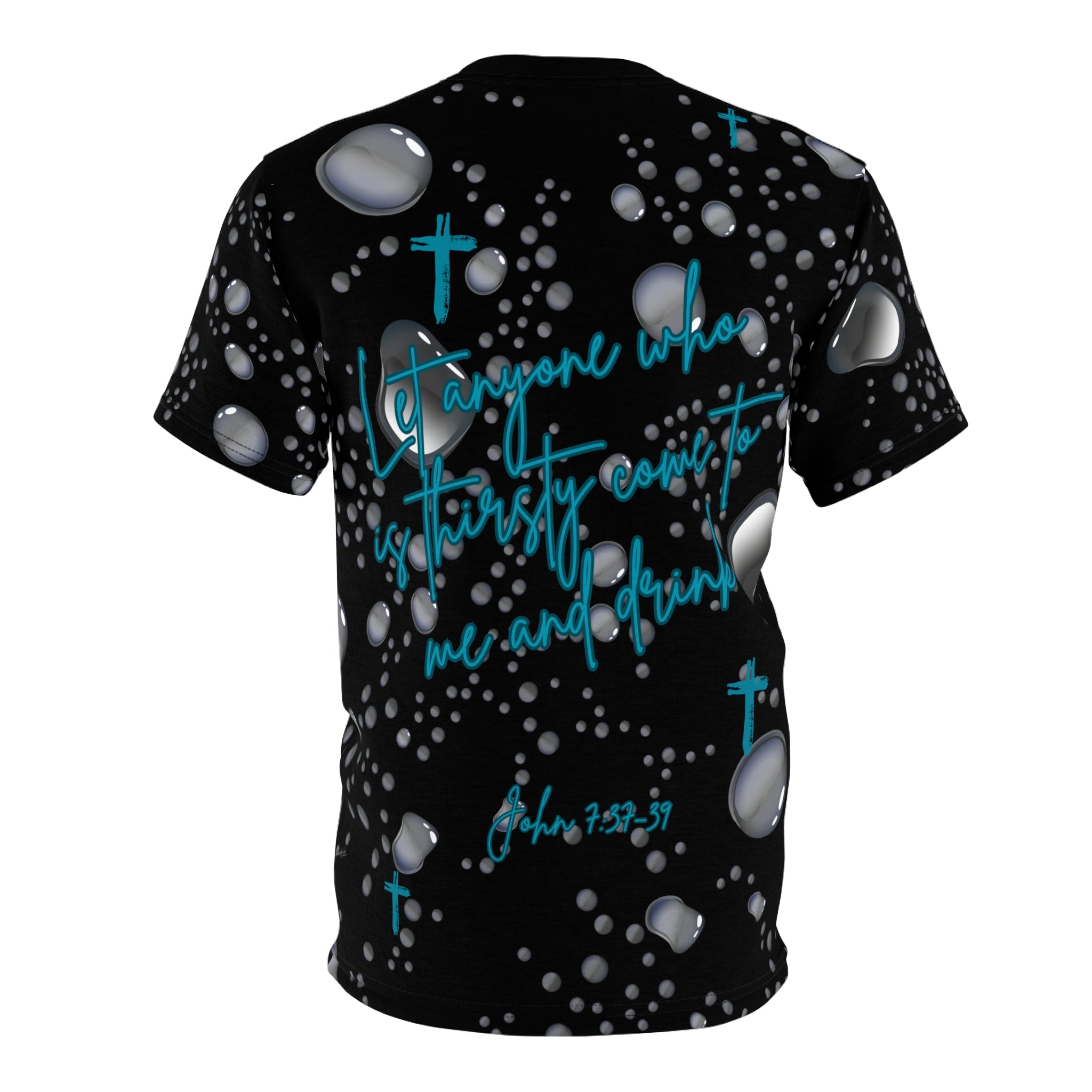 Jesus Script Cross Tee — Black Water Pattern Christian T-Shirt