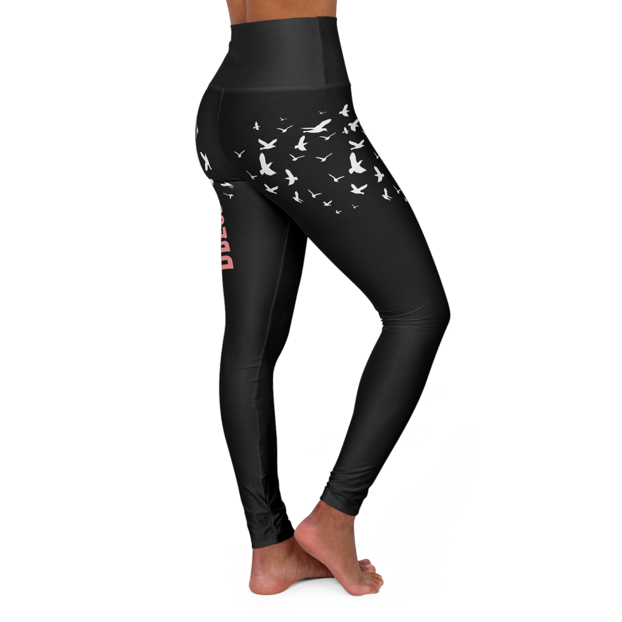 High-Waisted Leggings with 'Blessed' Script & Flying Doves – Black