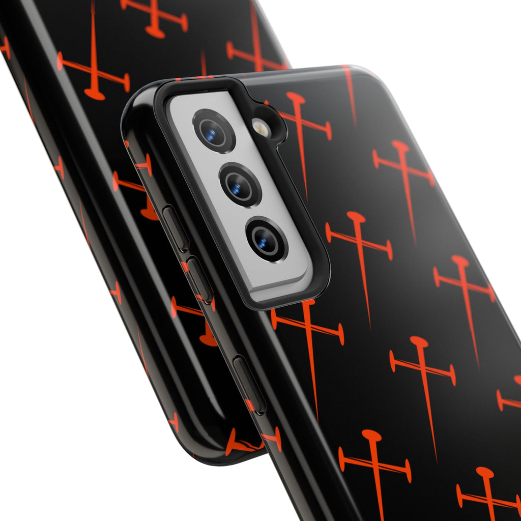 Black Tough Phone Case with Orange Nail Cross Pattern