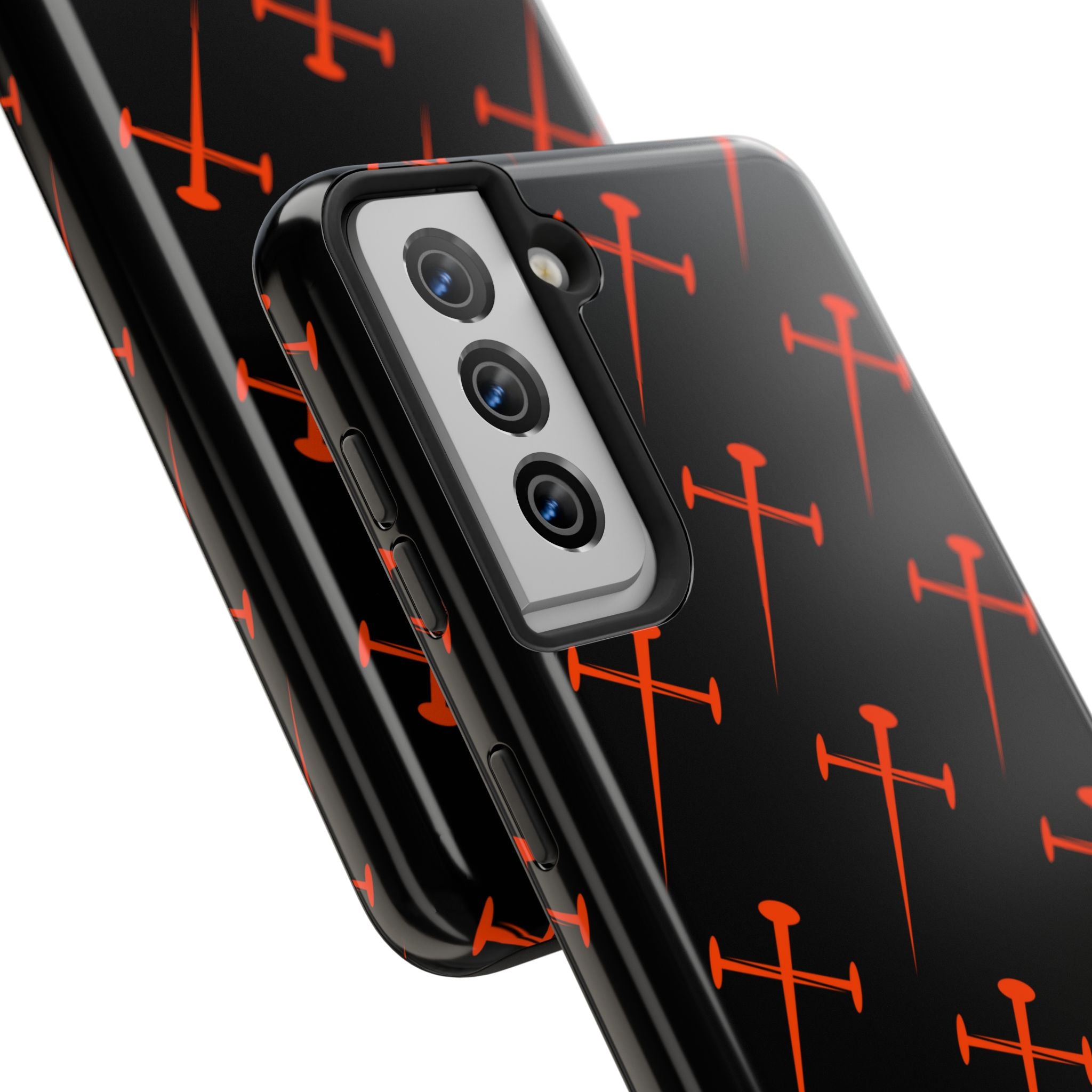 Black Tough Phone Case with Orange Nail Cross Pattern