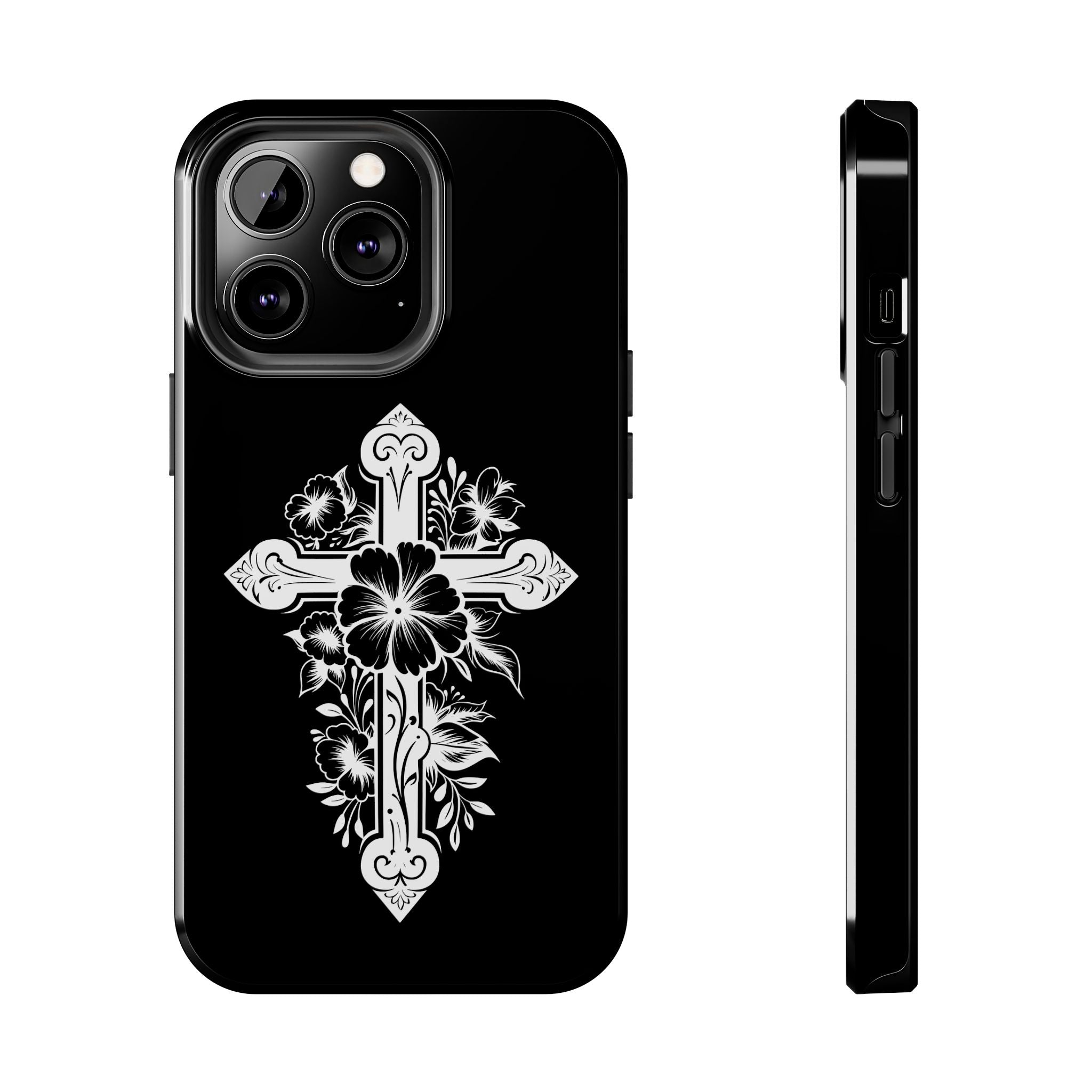 Floral Cross Tough Phone Case — Black Protective Christian Phone Cover