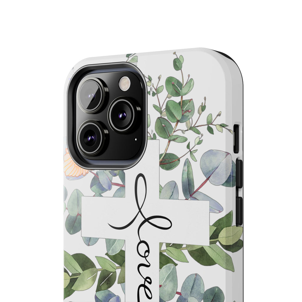 Religious Cross Tough Phone Case — Eucalyptus Floral "Love" Design