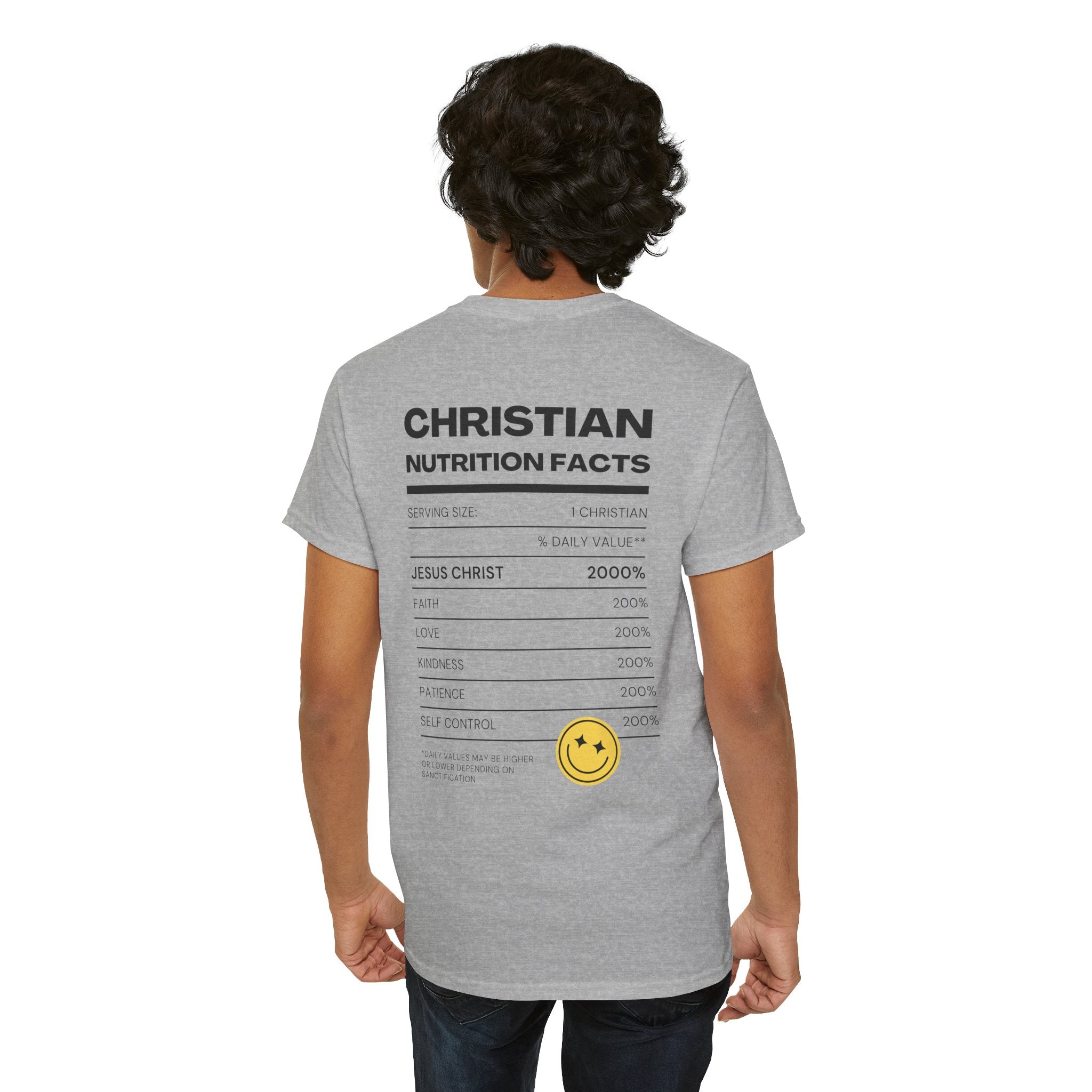 Christian Nutrition Facts Tee — Faith-Based Graphic T-Shirt with Cross & Nutrition Label Back