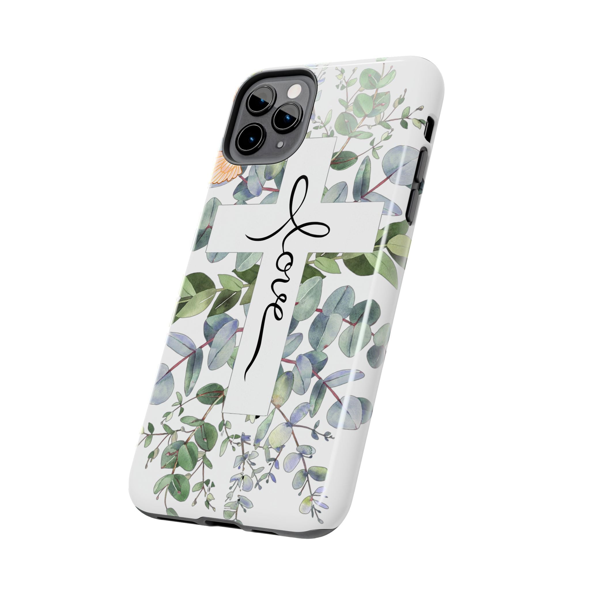 Religious Cross Tough Phone Case — Eucalyptus Floral "Love" Design
