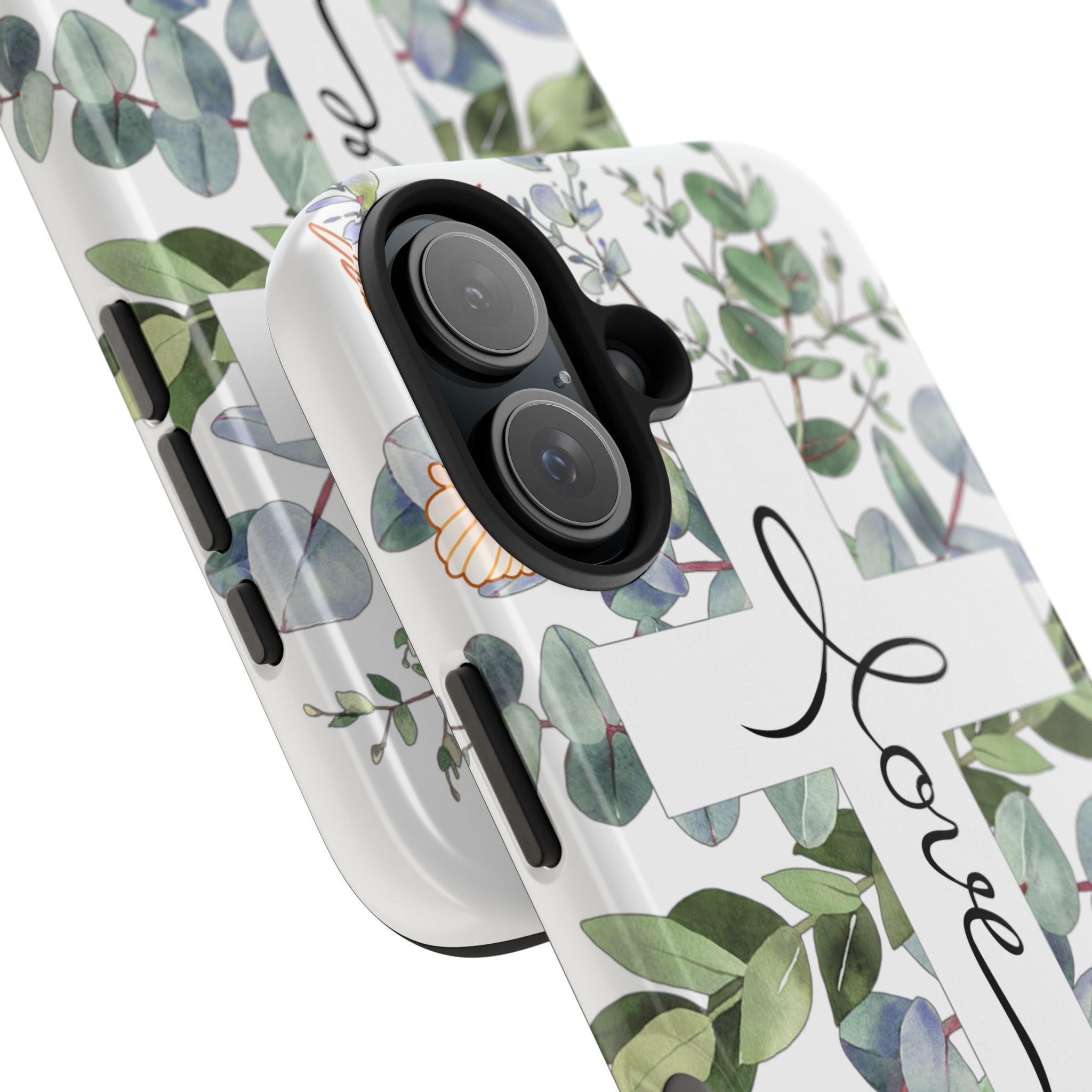 Religious Cross Tough Phone Case — Eucalyptus Floral "Love" Design