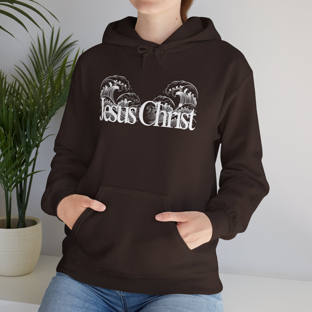 Jesus Christ Hoodie — Wave Graphic with Scripture Back (Faith-Based Christian Sweatshirt)