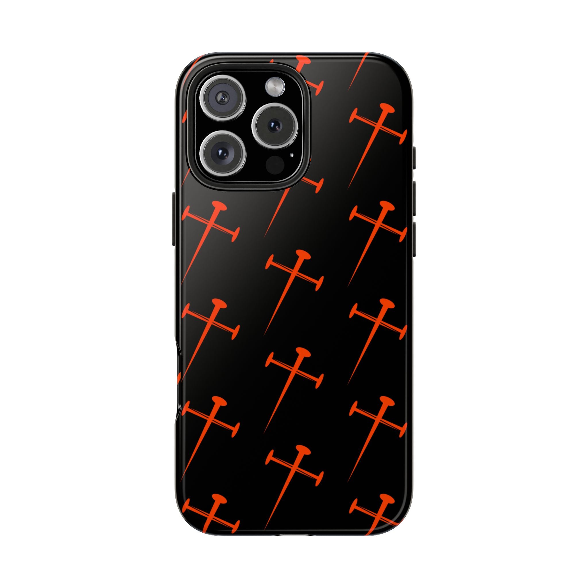 Black Tough Phone Case with Orange Nail Cross Pattern