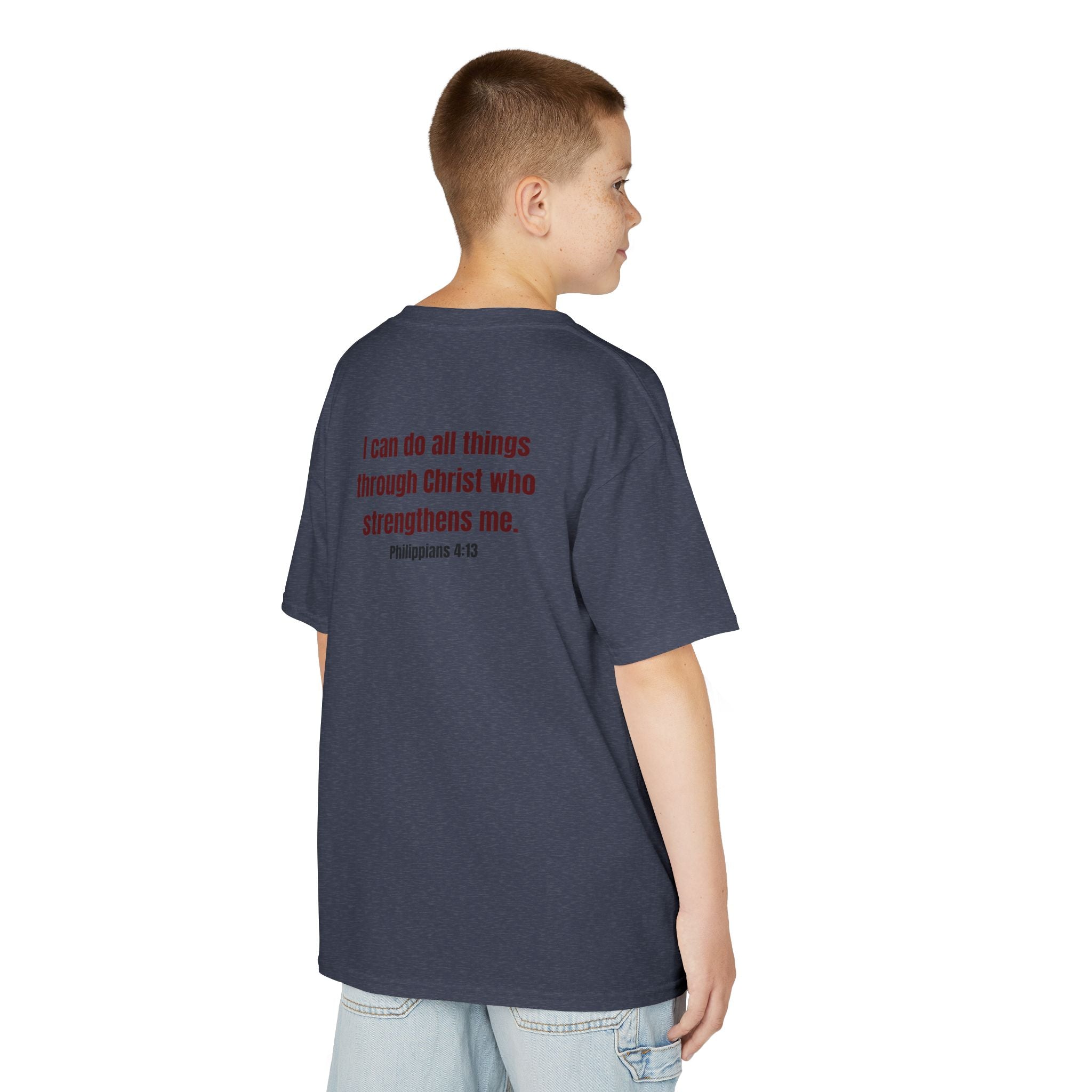 Kids Tee — "Strong" Muscle Graphic with Philippians 4:13 Back (Christian Inspirational)