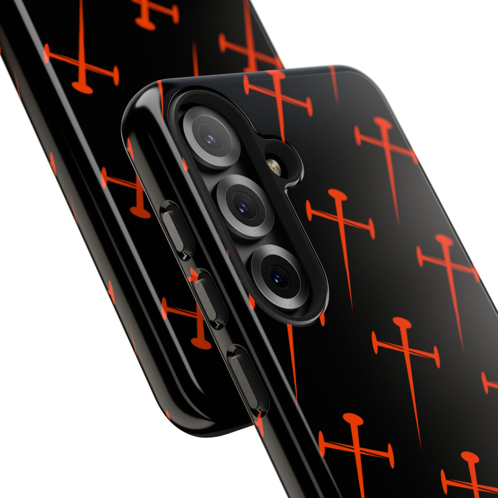 Black Tough Phone Case with Orange Nail Cross Pattern