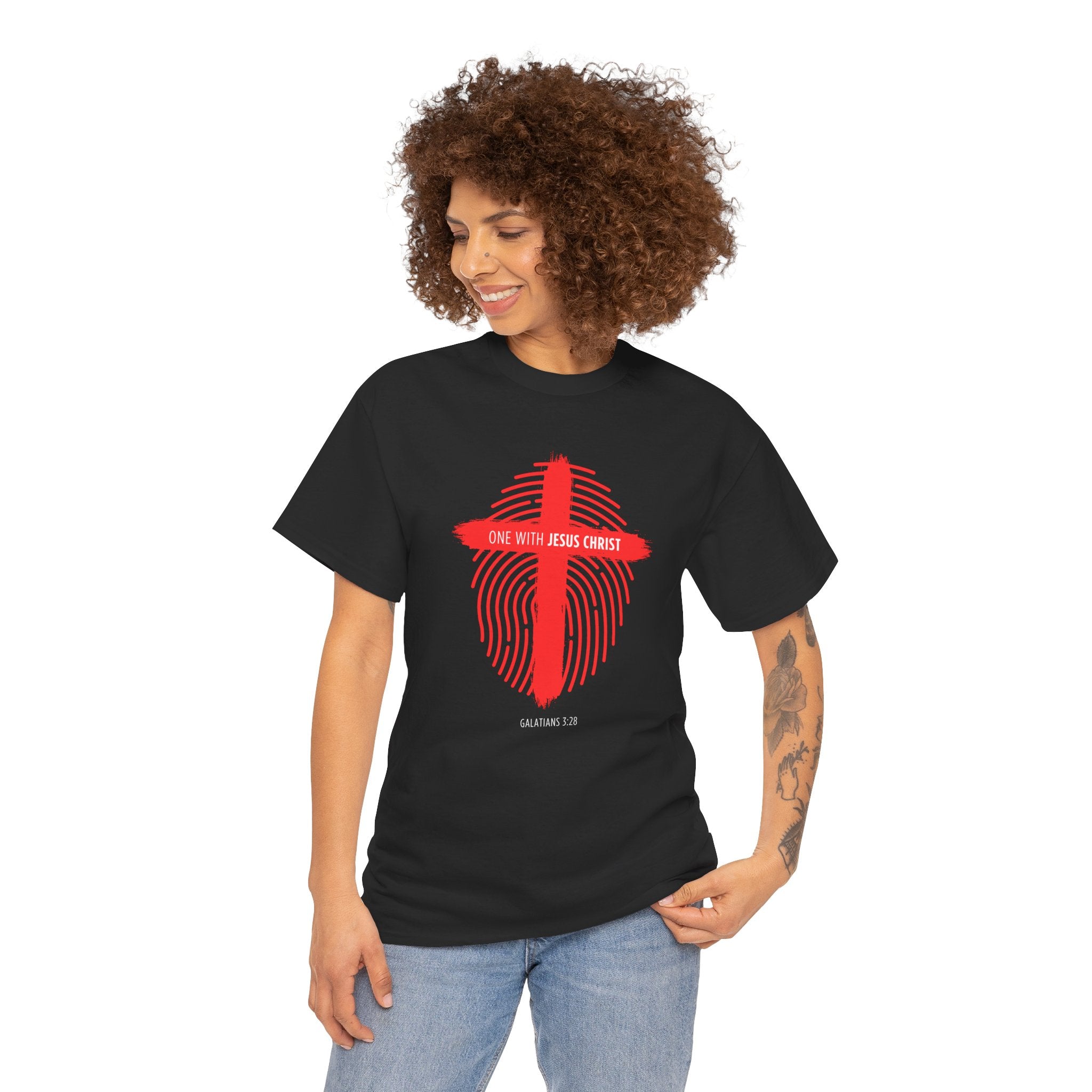 Christian T‑Shirt — "One with Jesus Christ" Red Cross Fingerprint Design