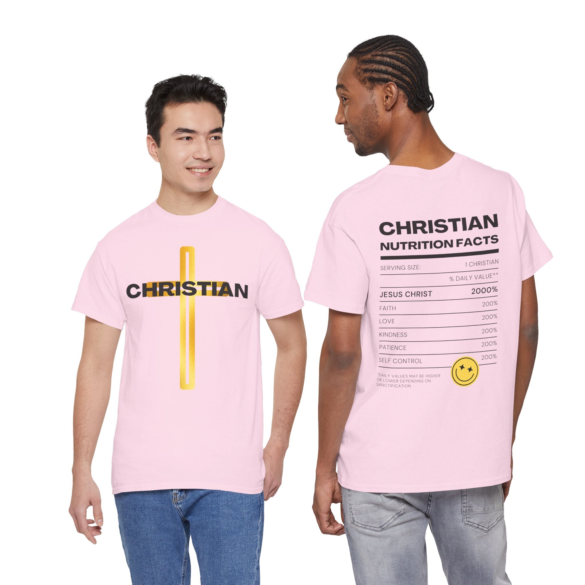 Christian Nutrition Facts Tee — Faith-Based Graphic T-Shirt with Cross & Nutrition Label Back