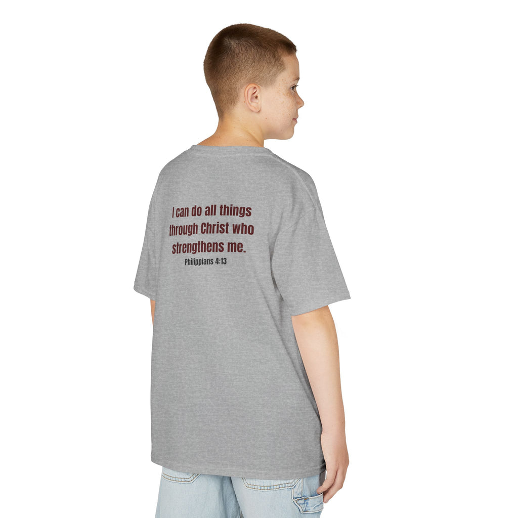 Kids Tee — "Strong" Muscle Graphic with Philippians 4:13 Back (Christian Inspirational)