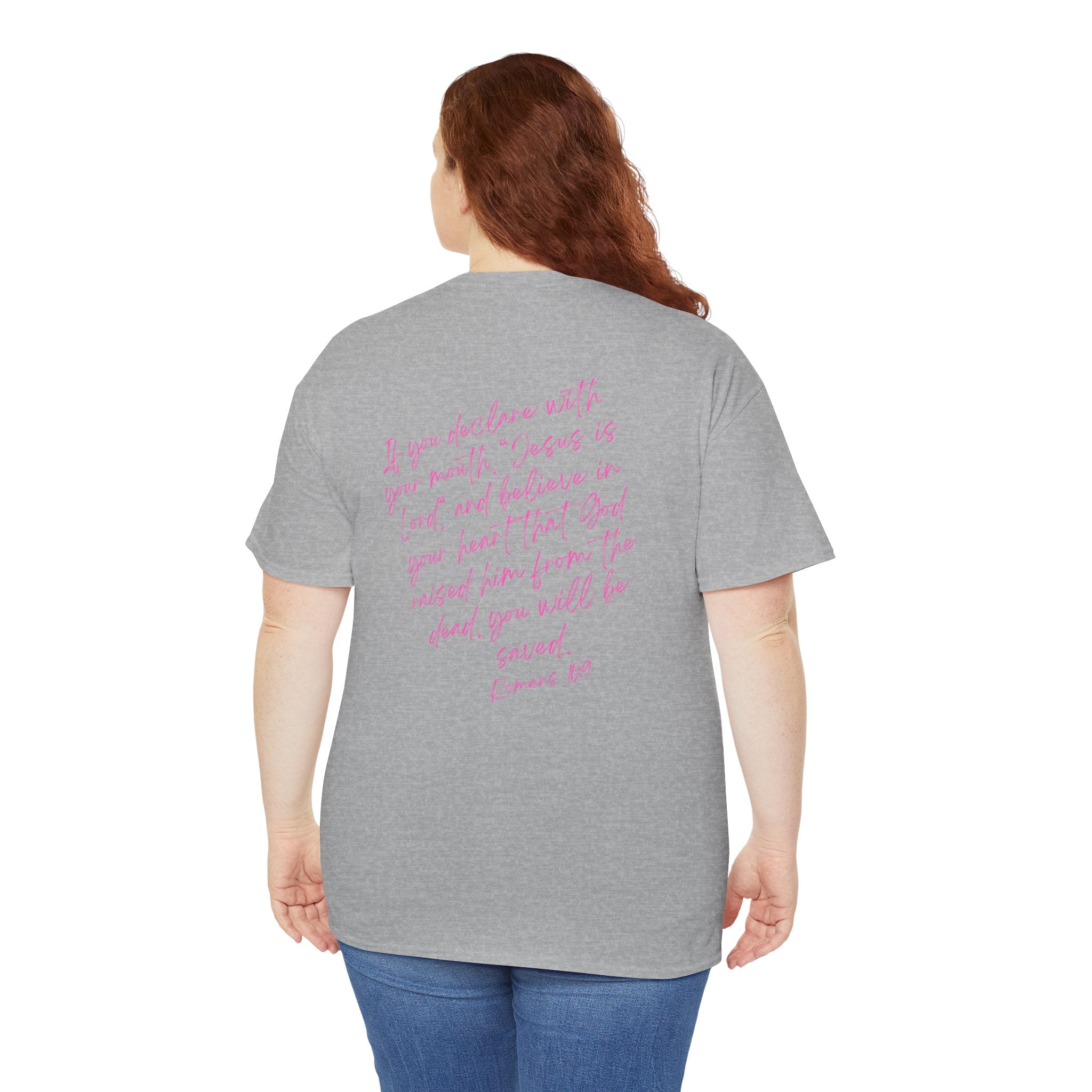 Saved T‑Shirt — Pink Script Faith Tee with Inspiring Back Verse