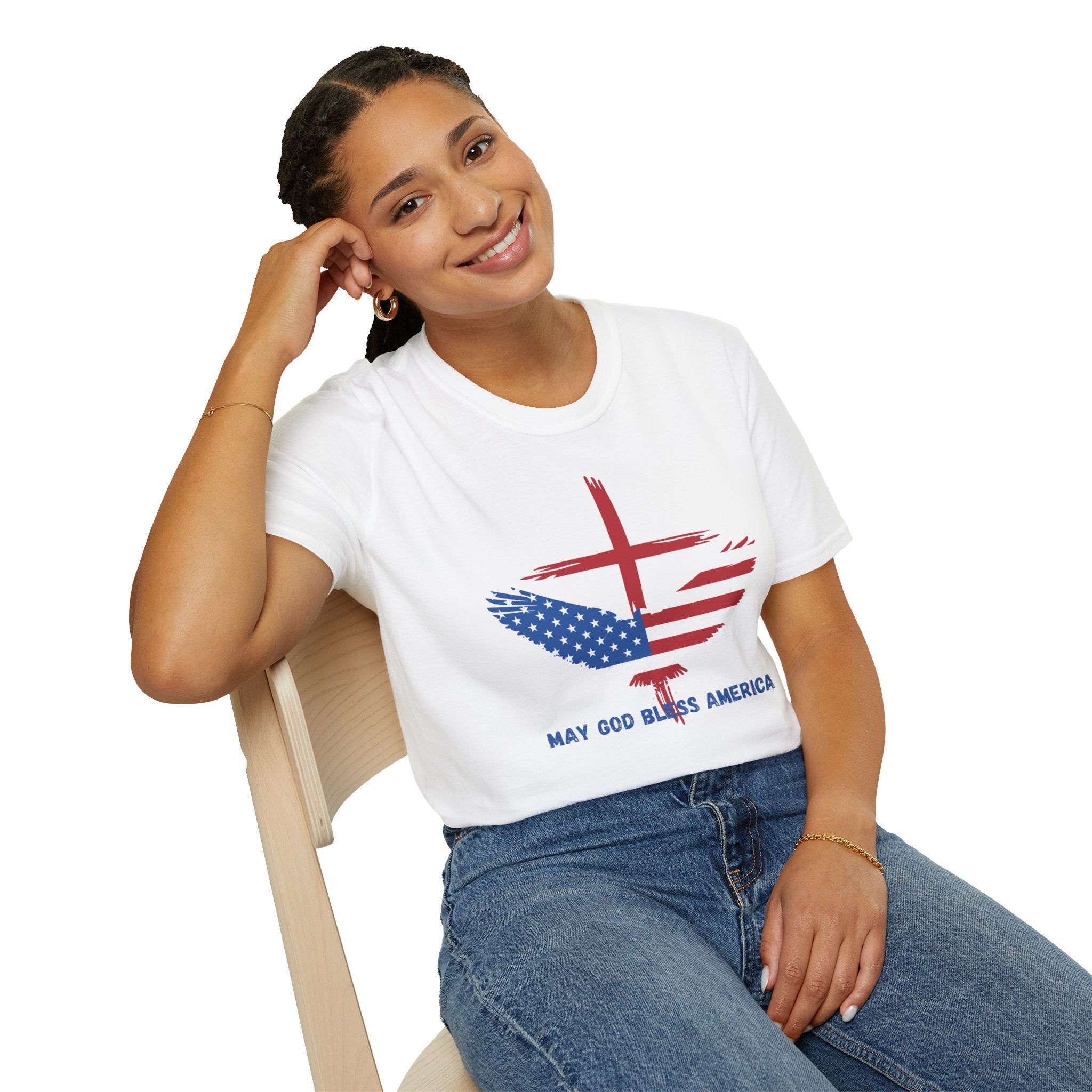 Patriotic Eagle T-Shirt — "May God Bless America" Flag Cross Graphic