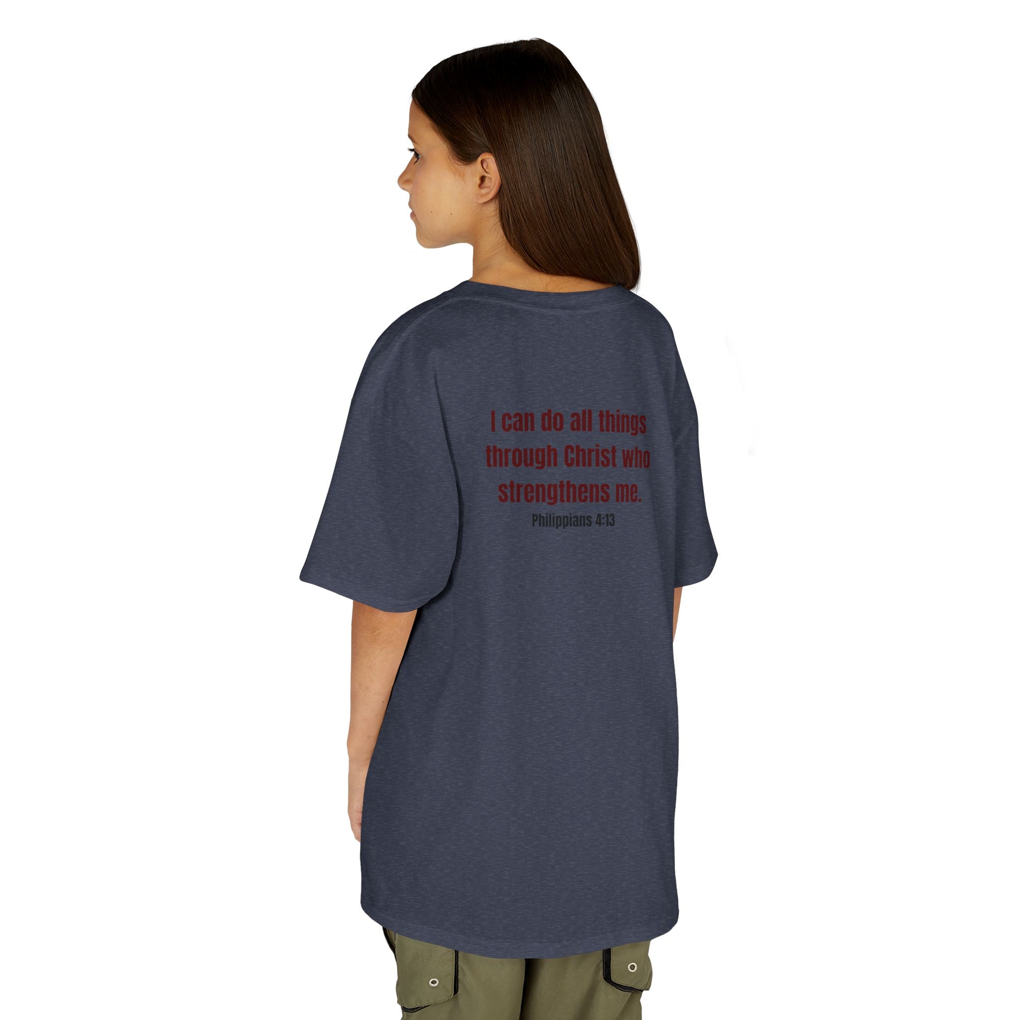 Kids Tee — "Strong" Muscle Graphic with Philippians 4:13 Back (Christian Inspirational)