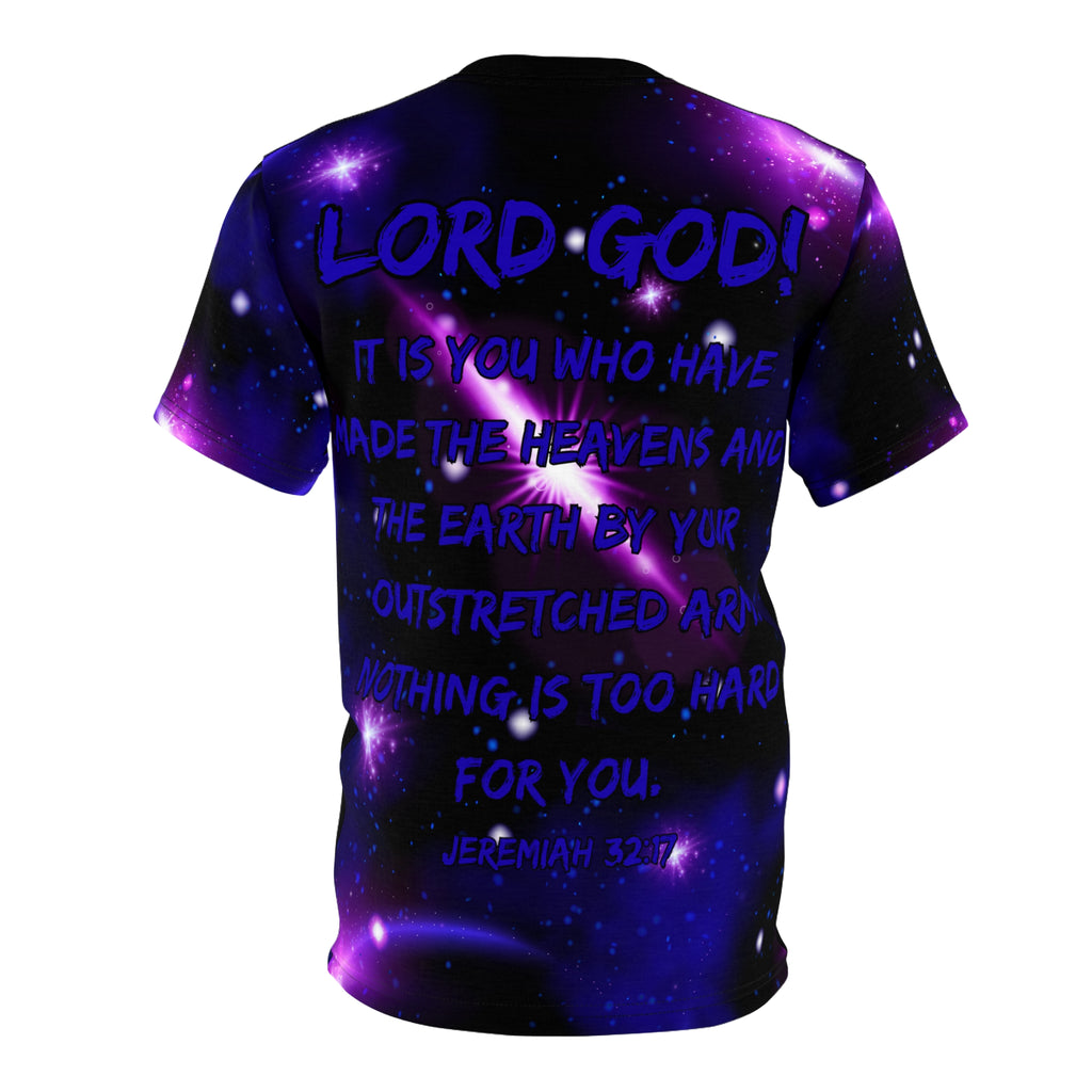 Galaxy Christian Tee — Cosmic Nebula All-Over Print Shirt "Lord God" "It Is You Who Have Created The Heavens and Earth..."