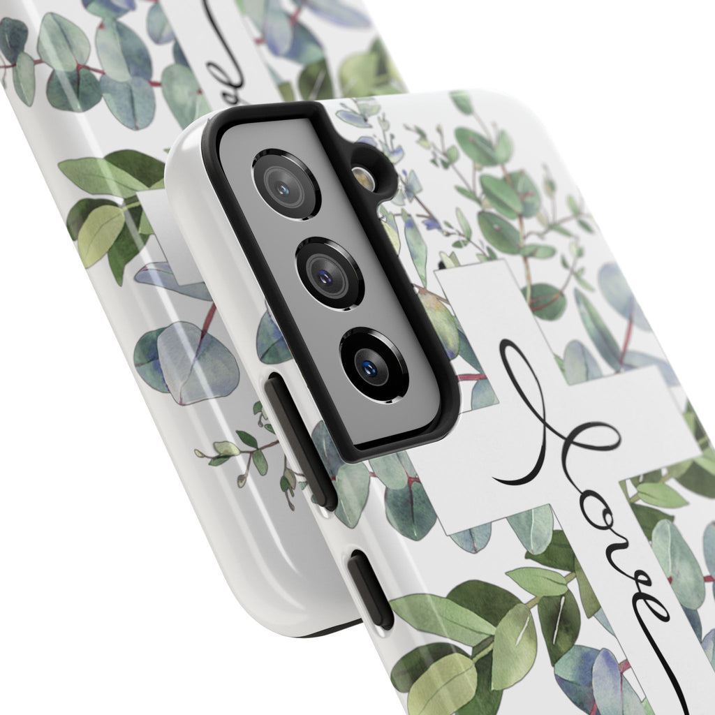 Religious Cross Tough Phone Case — Eucalyptus Floral "Love" Design