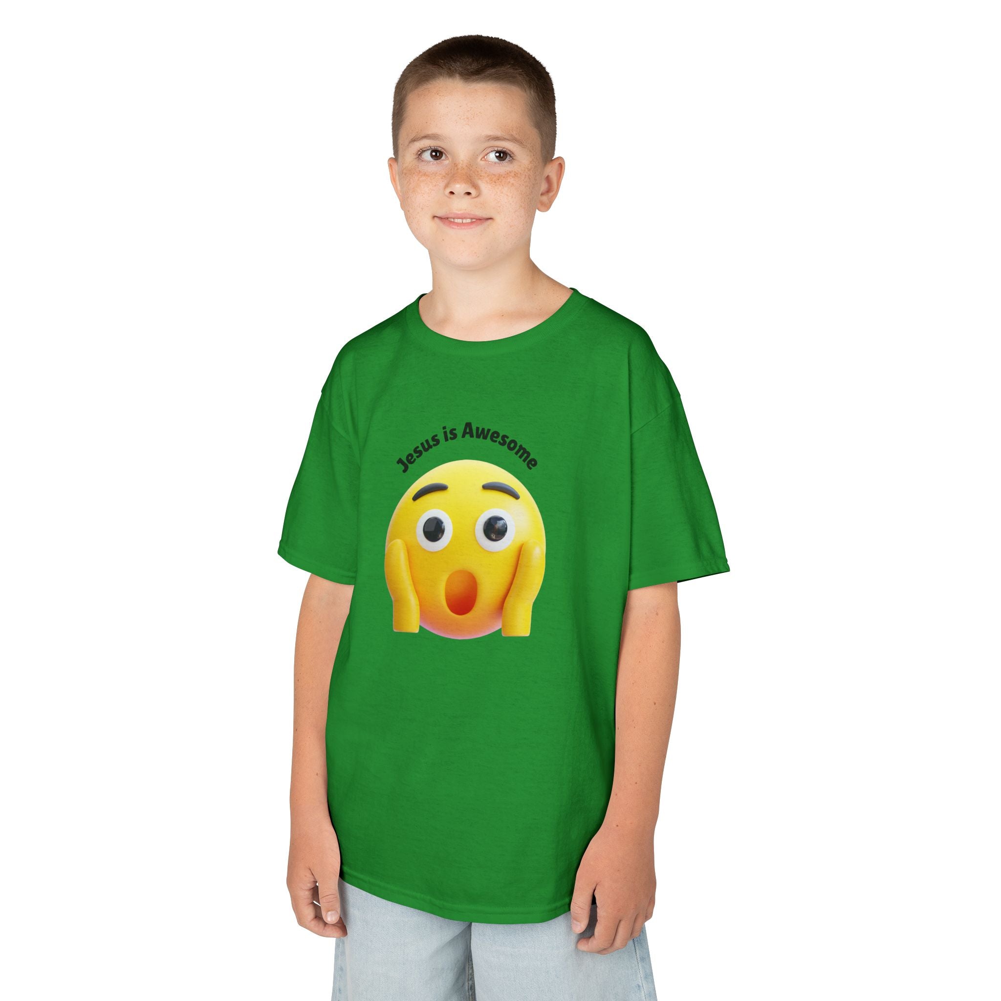 Kids T-Shirt — "Jesus Is Awesome" Surprised Emoji Graphic