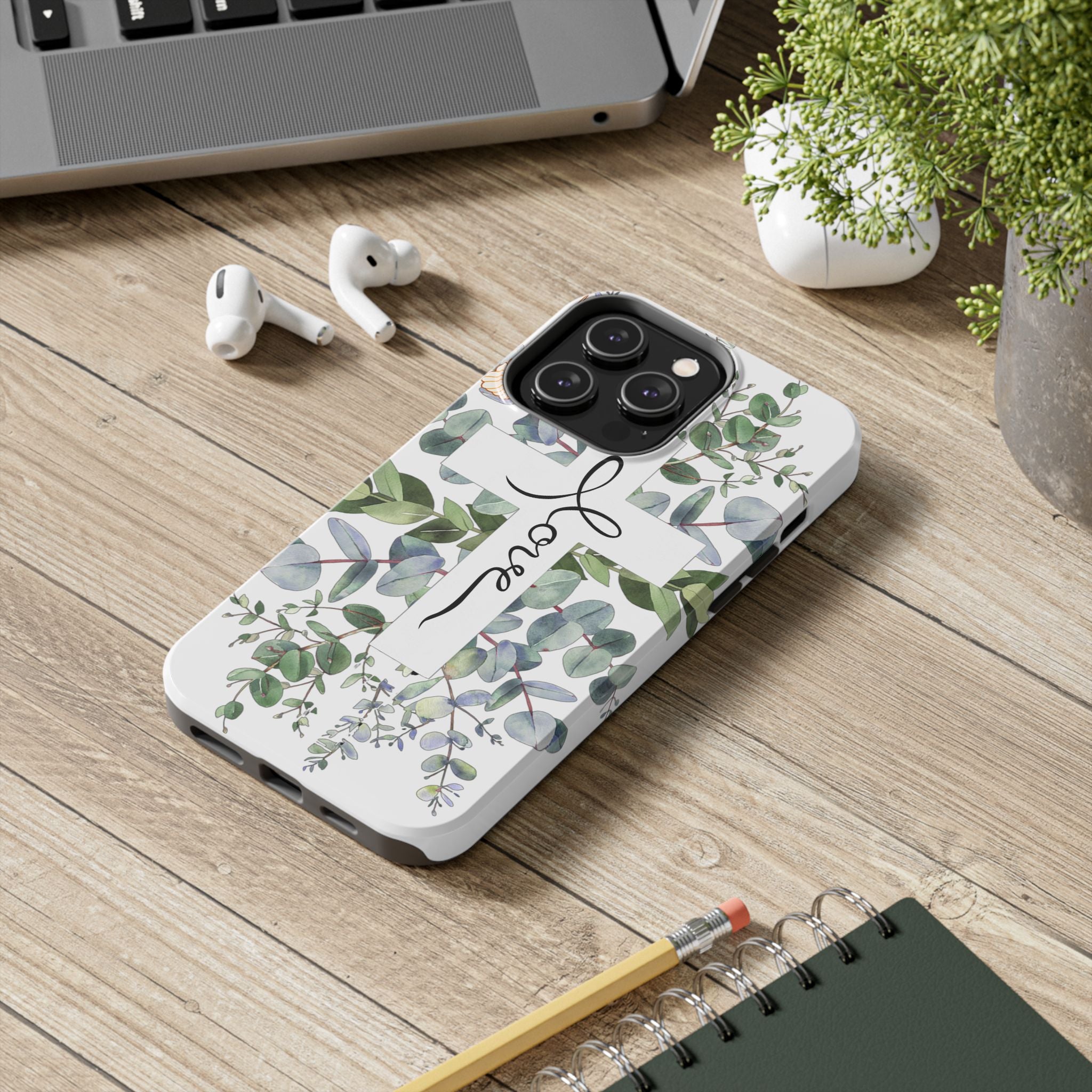 Religious Cross Tough Phone Case — Eucalyptus Floral "Love" Design