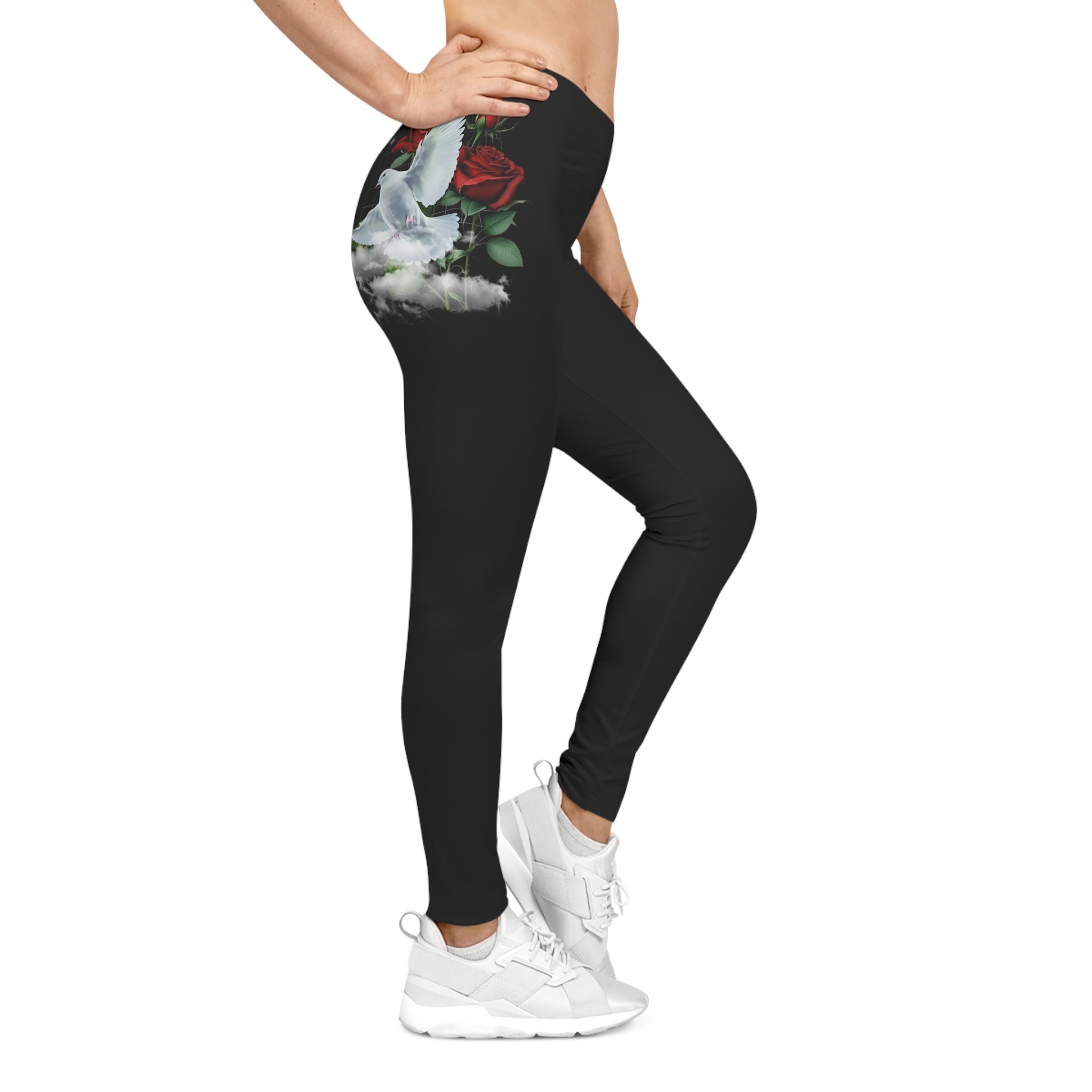 Peace Dove & Rose Women's Leggings — Floral Dove Graphic Blessed are the Peacemakers Leggings