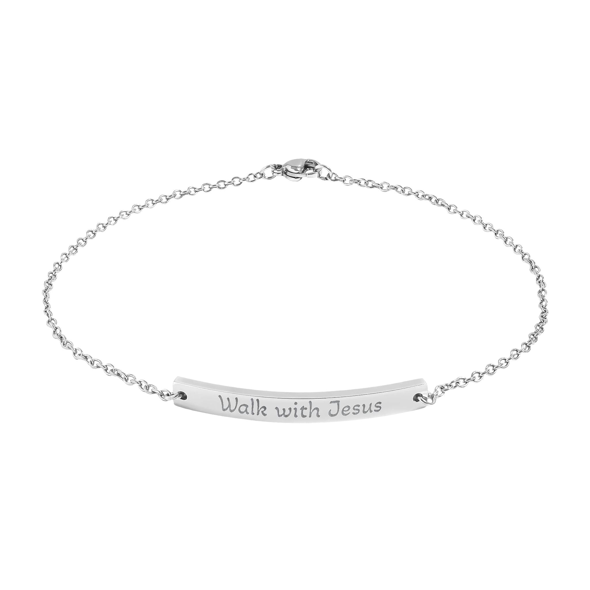 Engraved Curved Bar Anklet — "Walk with Jesus" Delicate Faith Jewelry
