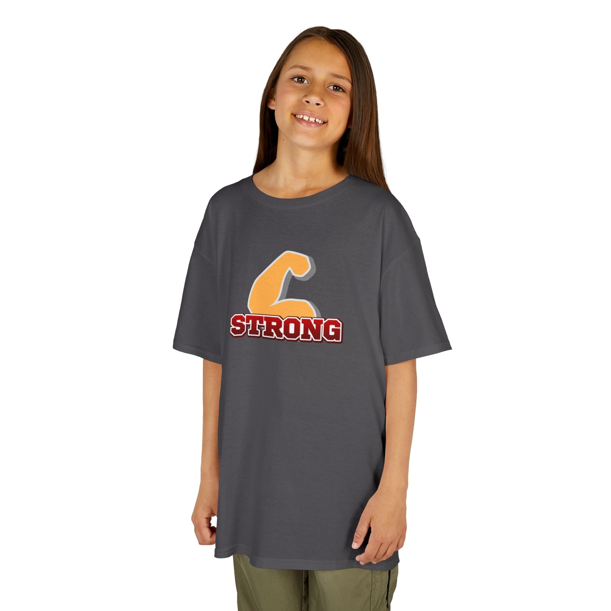 Kids Tee — "Strong" Muscle Graphic with Philippians 4:13 Back (Christian Inspirational)