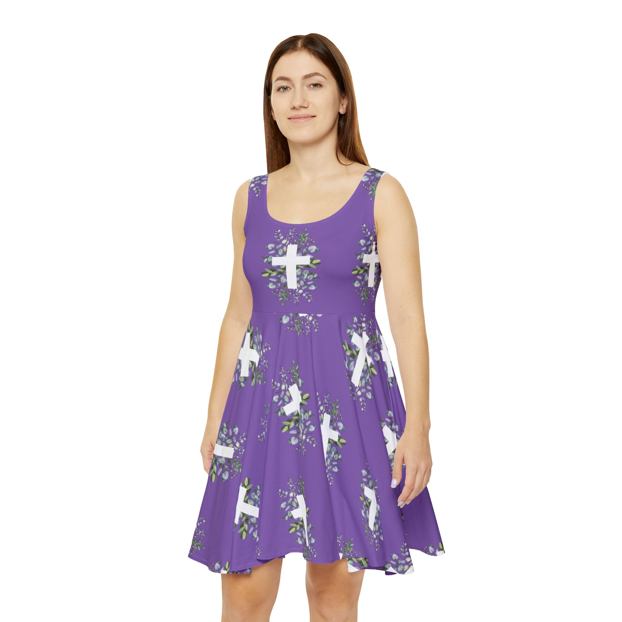 Purple Floral Cross Skater Dress — Christian Faith Patterned Dress