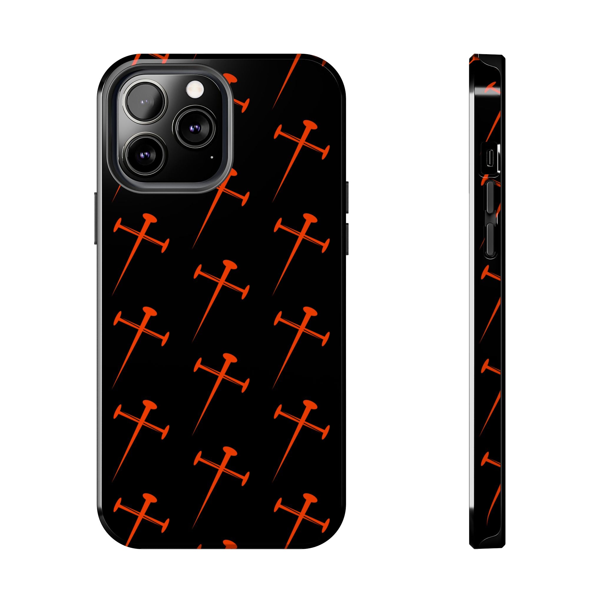 Black Tough Phone Case with Orange Nail Cross Pattern