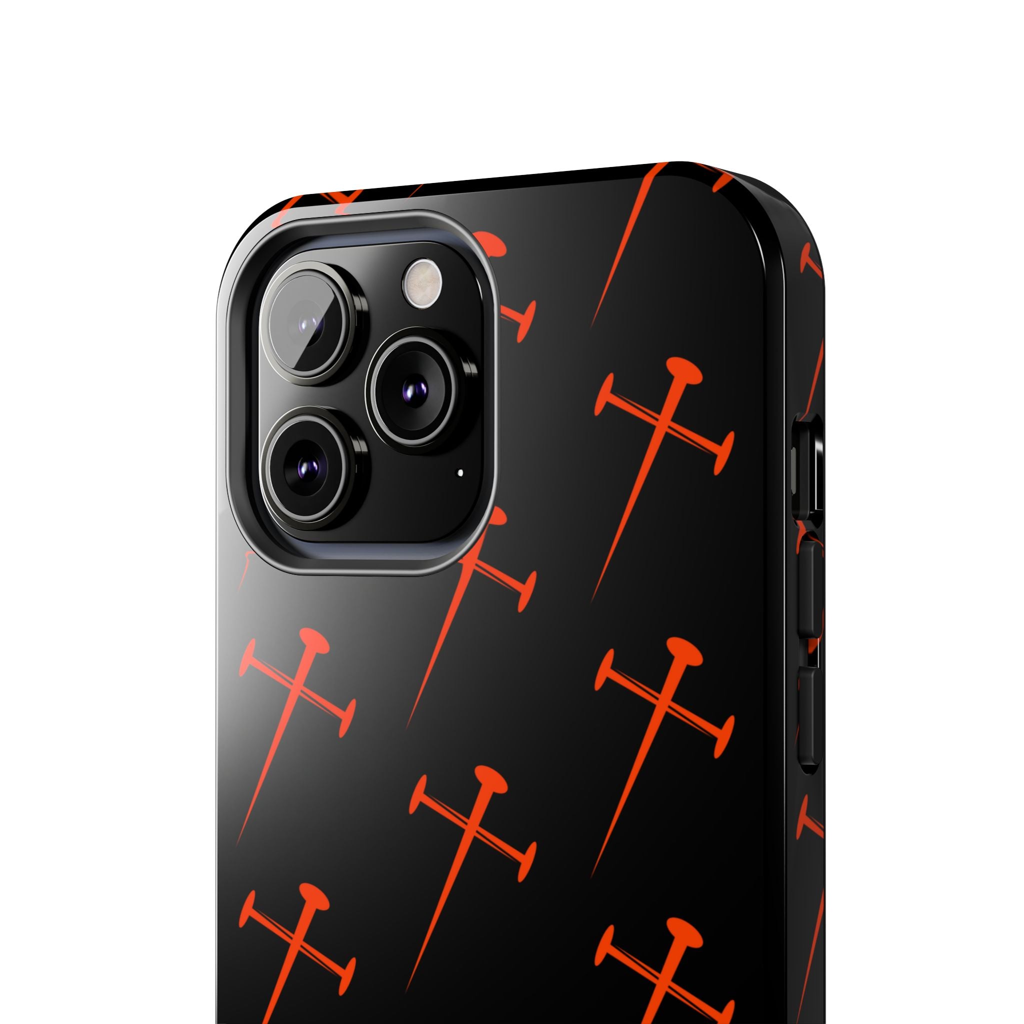 Black Tough Phone Case with Orange Nail Cross Pattern