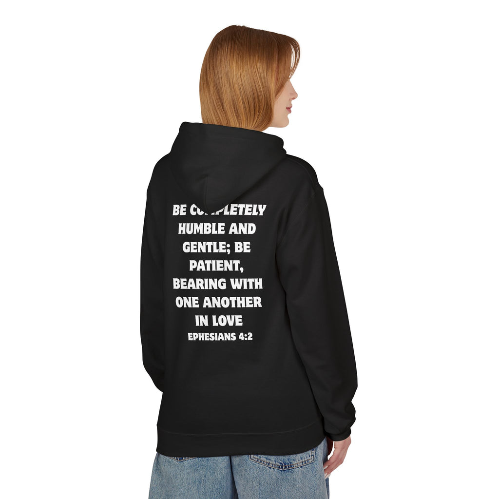 Christian Hoodie – "Grow in Love" Floral Cross with Ephesians 4:2 Verse Back