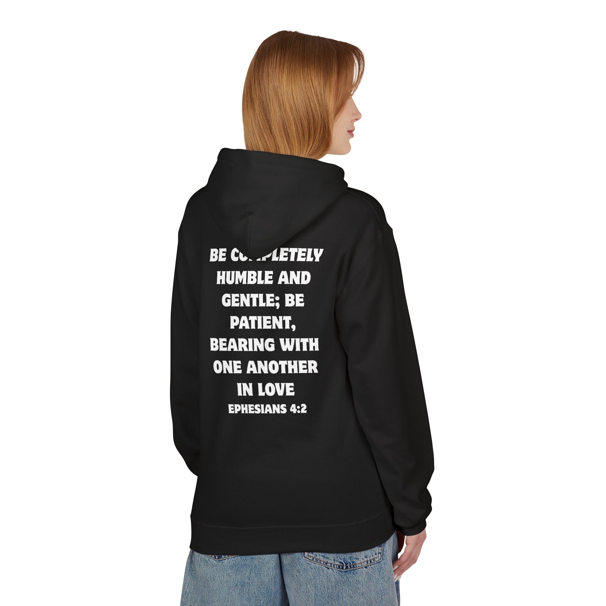 Christian Hoodie – "Grow in Love" Floral Cross with Ephesians 4:2 Verse Back
