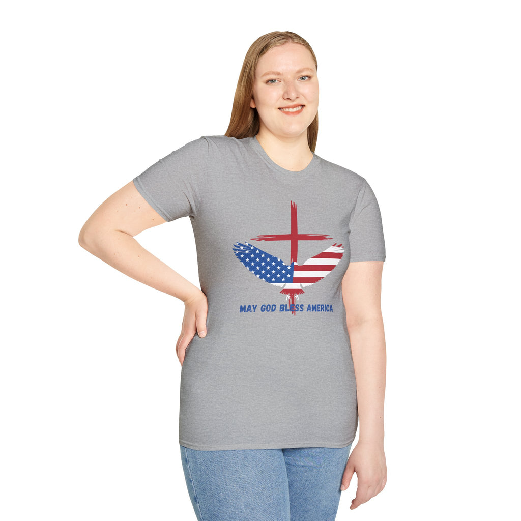 Patriotic Eagle T-Shirt — "May God Bless America" Flag Cross Graphic