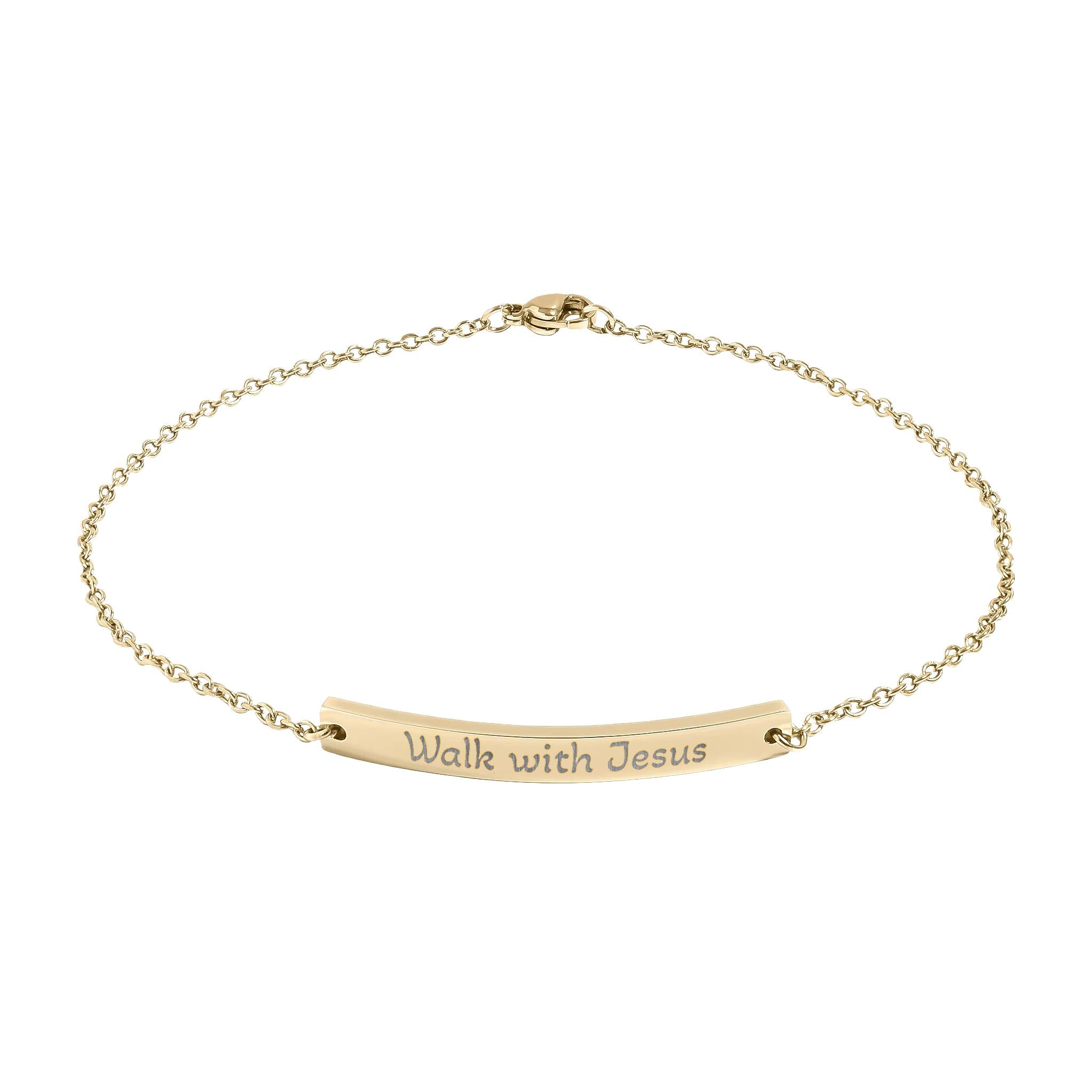Engraved Curved Bar Anklet — "Walk with Jesus" Delicate Faith Jewelry