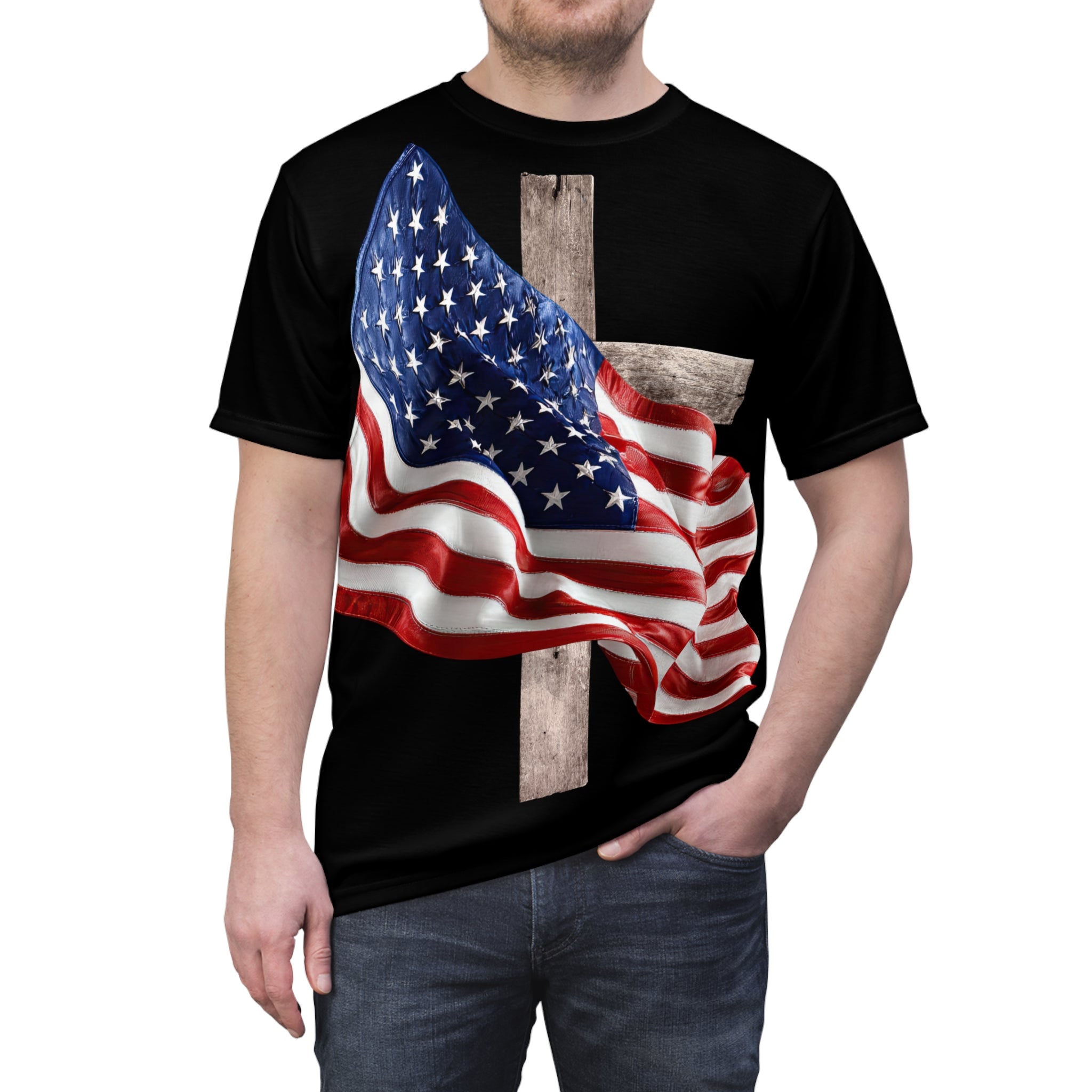 Patriotic Cross Tee — American Flag Christian T-Shirt