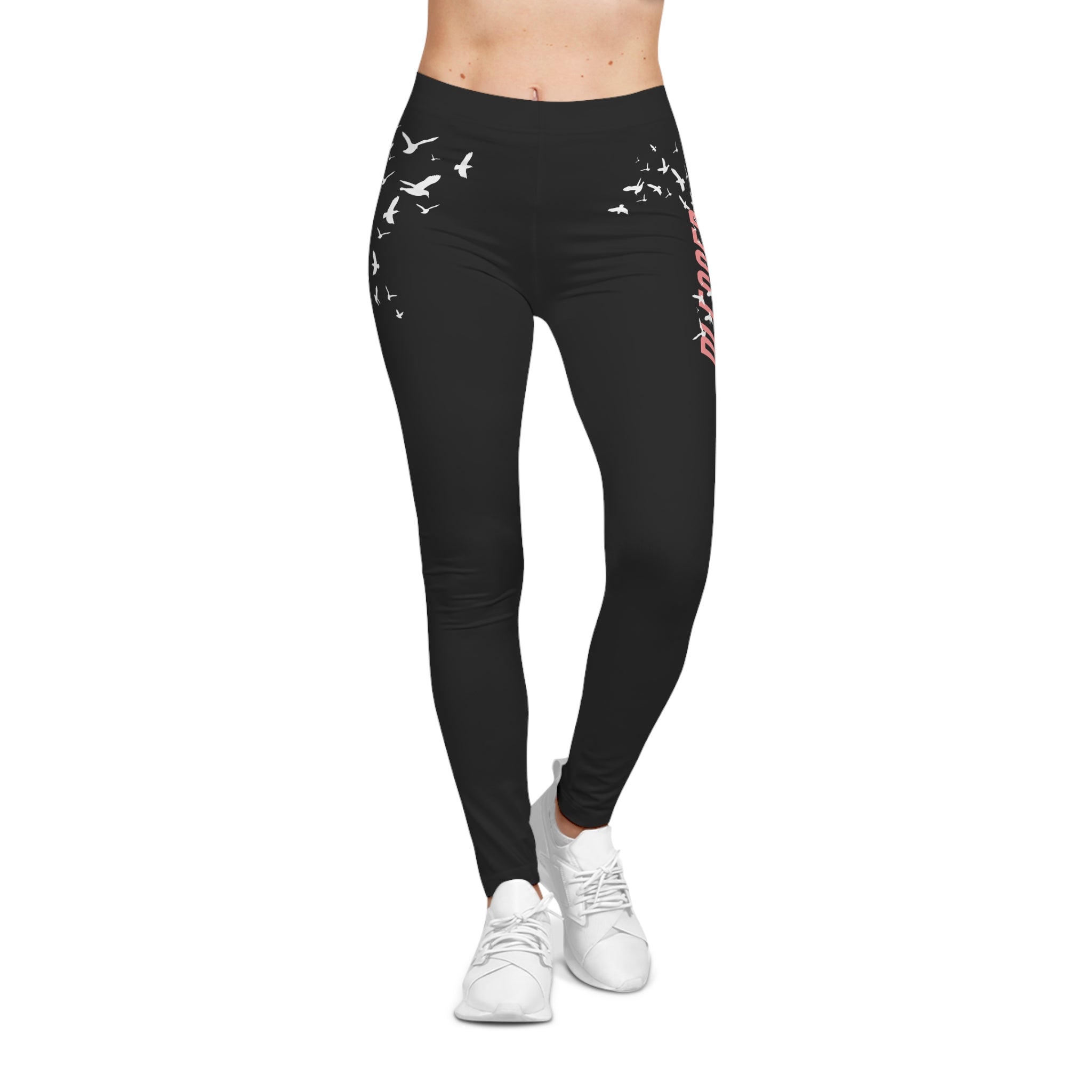 Christian Casual Leggings — Black 'Dove' Flock Design Women's Casual Leggings