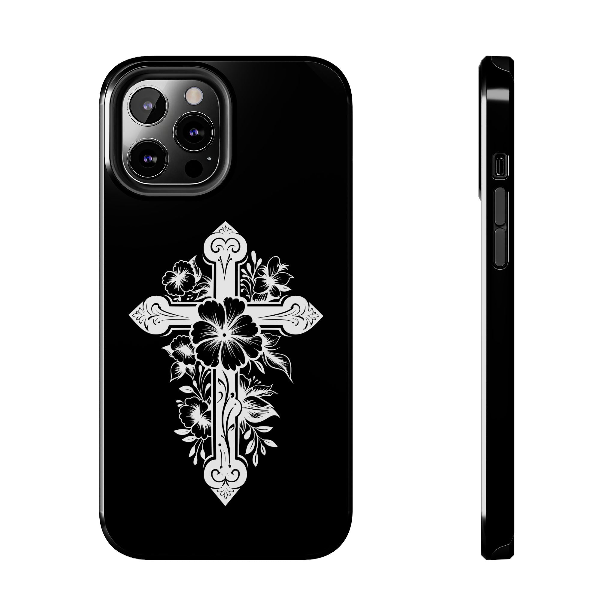 Floral Cross Tough Phone Case — Black Protective Christian Phone Cover