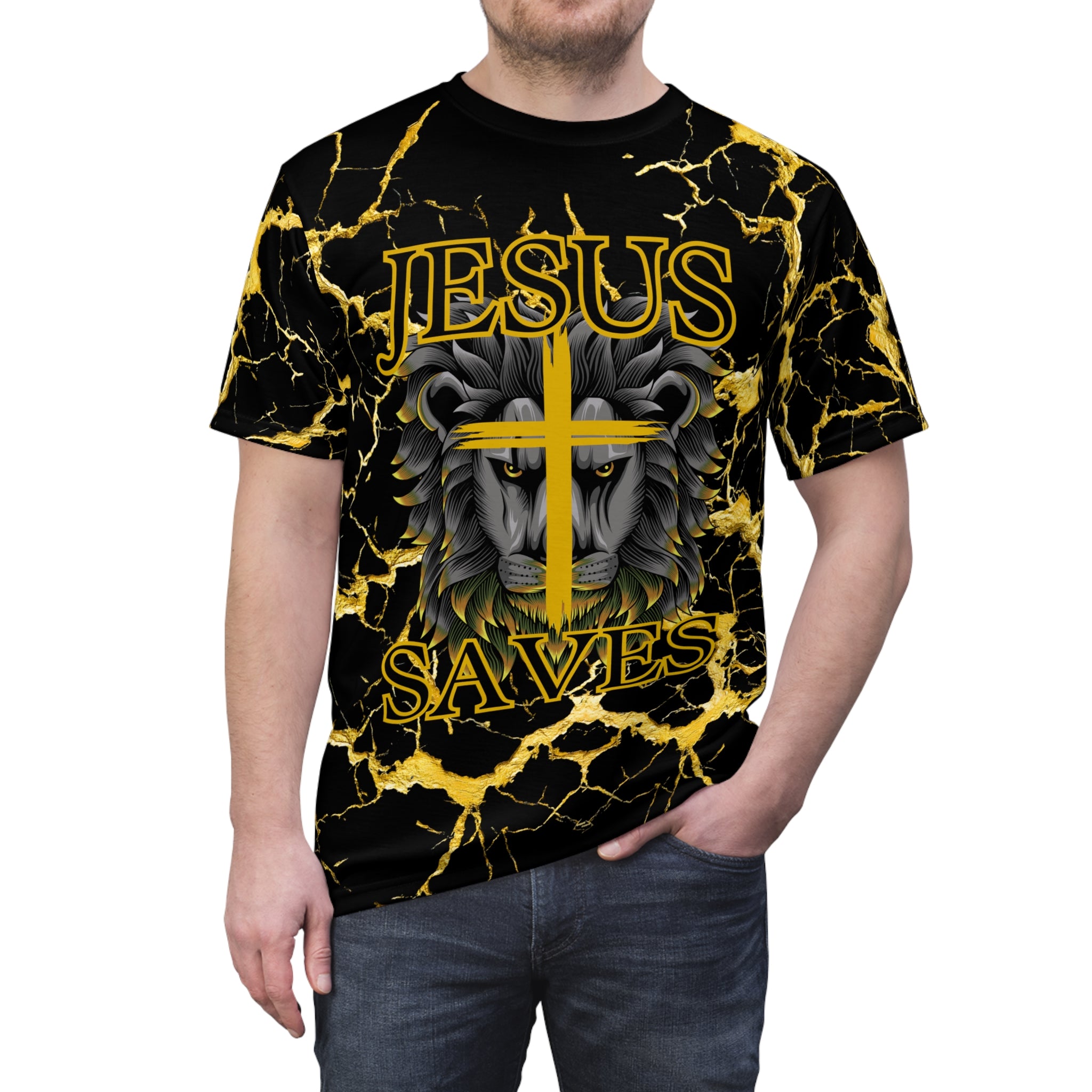Jesus Saves Lion Cross Tee — Bold Christian Graphic T‑Shirt