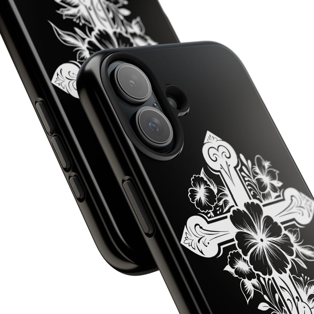 Floral Cross Tough Phone Case — Black Protective Christian Phone Cover